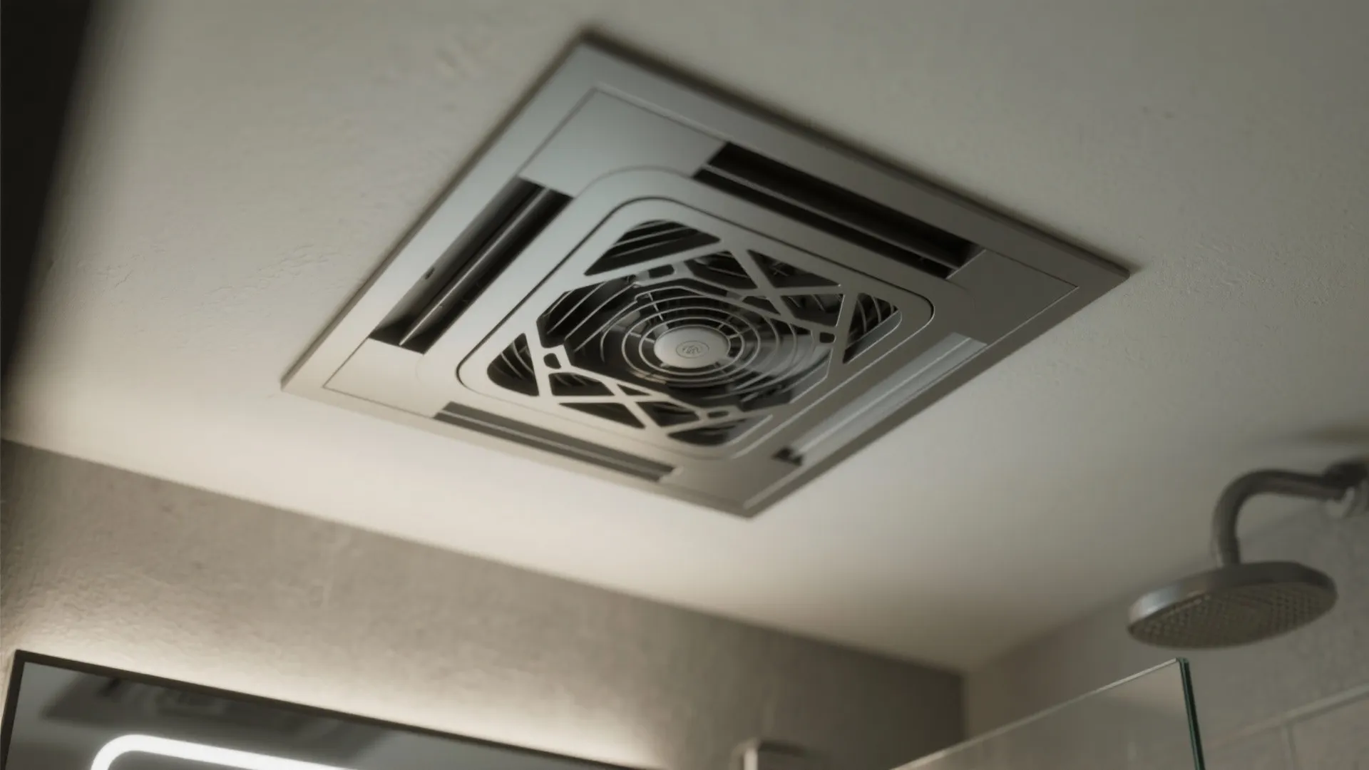 Decorative ventilation grille set in a shallow soffit over a windowless bathroom ceiling.