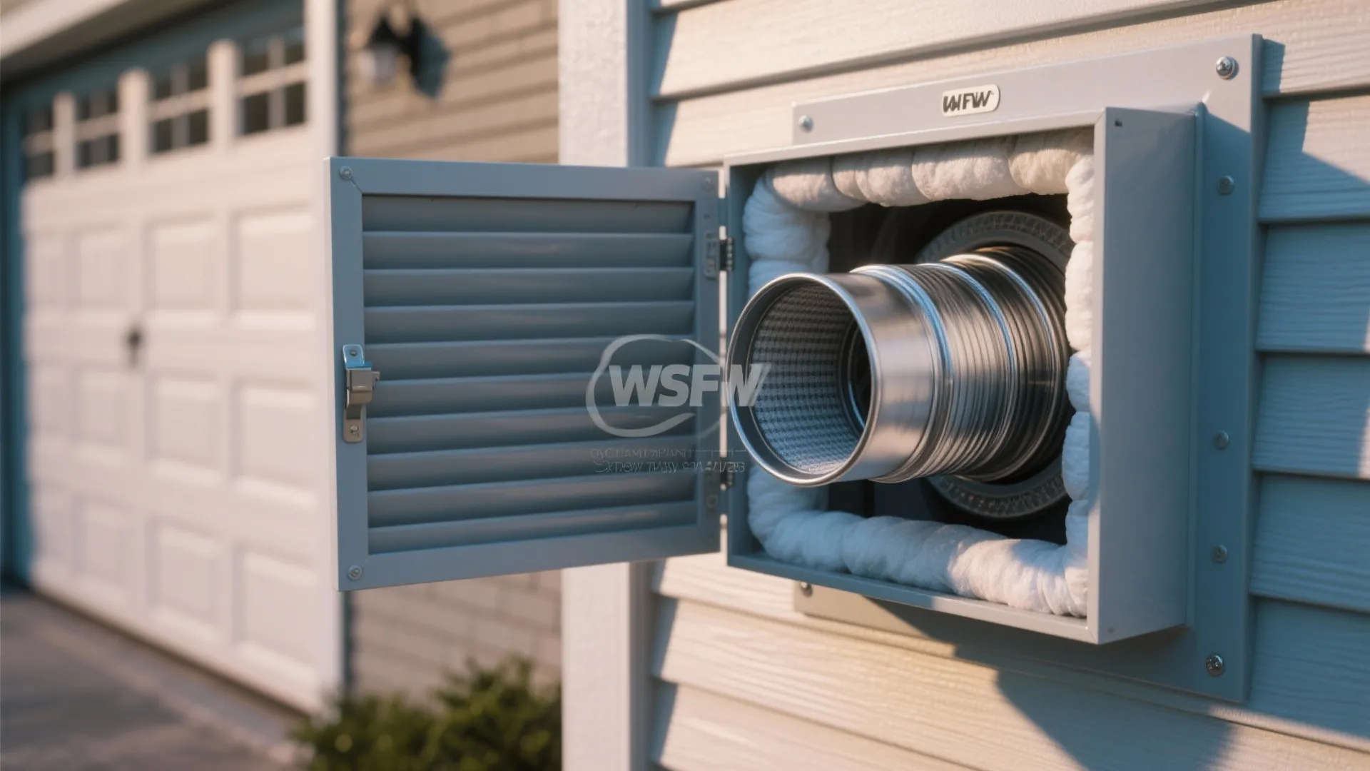 Close-up of insulated dryer ducting and a louvered door for ventilation in a garage