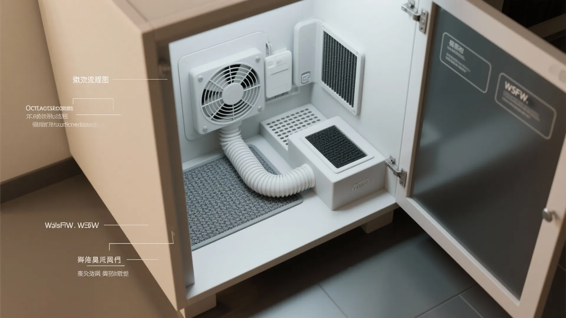 Top-down diagram-style view showing ventilation path, microfilter, low-noise fan, and washable mat for a litter cabinet.