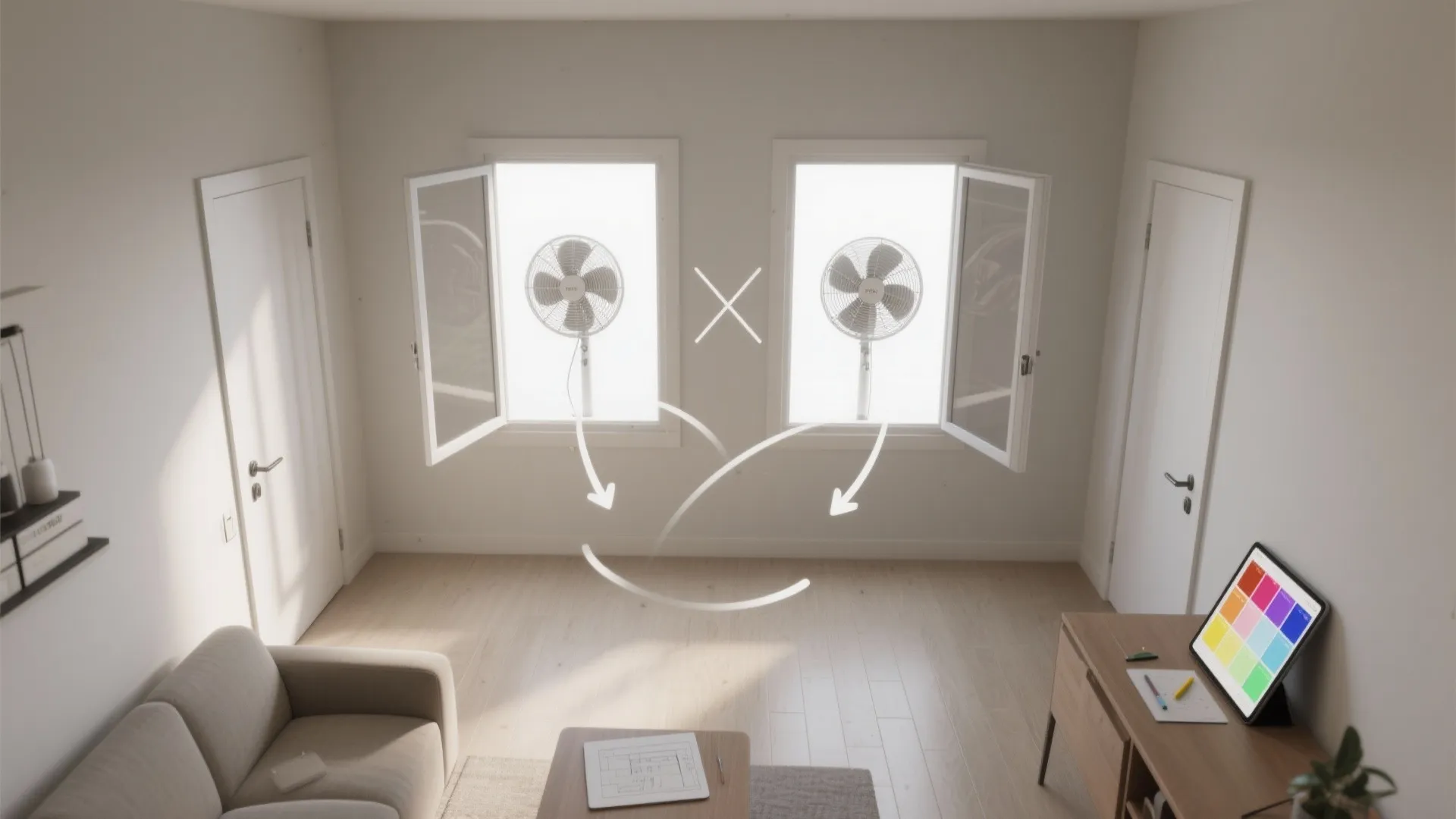 Living room layout showing two electric fans in open windows for better fresh air flow