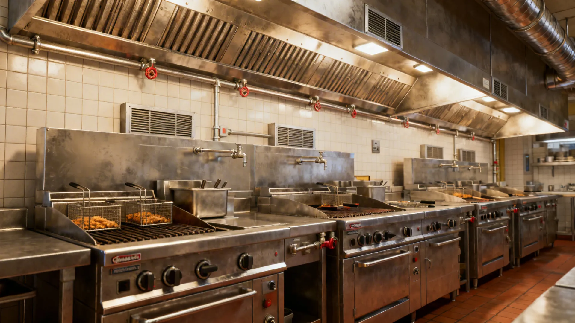 Commercial hot line under a continuous hood with balanced make-up air and clearances.