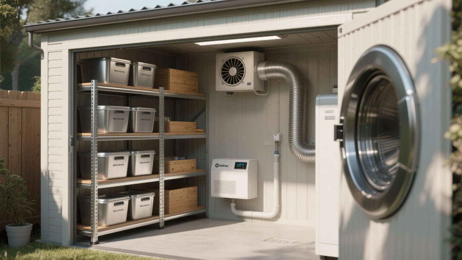 Utility shed interior with metal storage shelves, ventilation system, white machine, and grey concrete floor