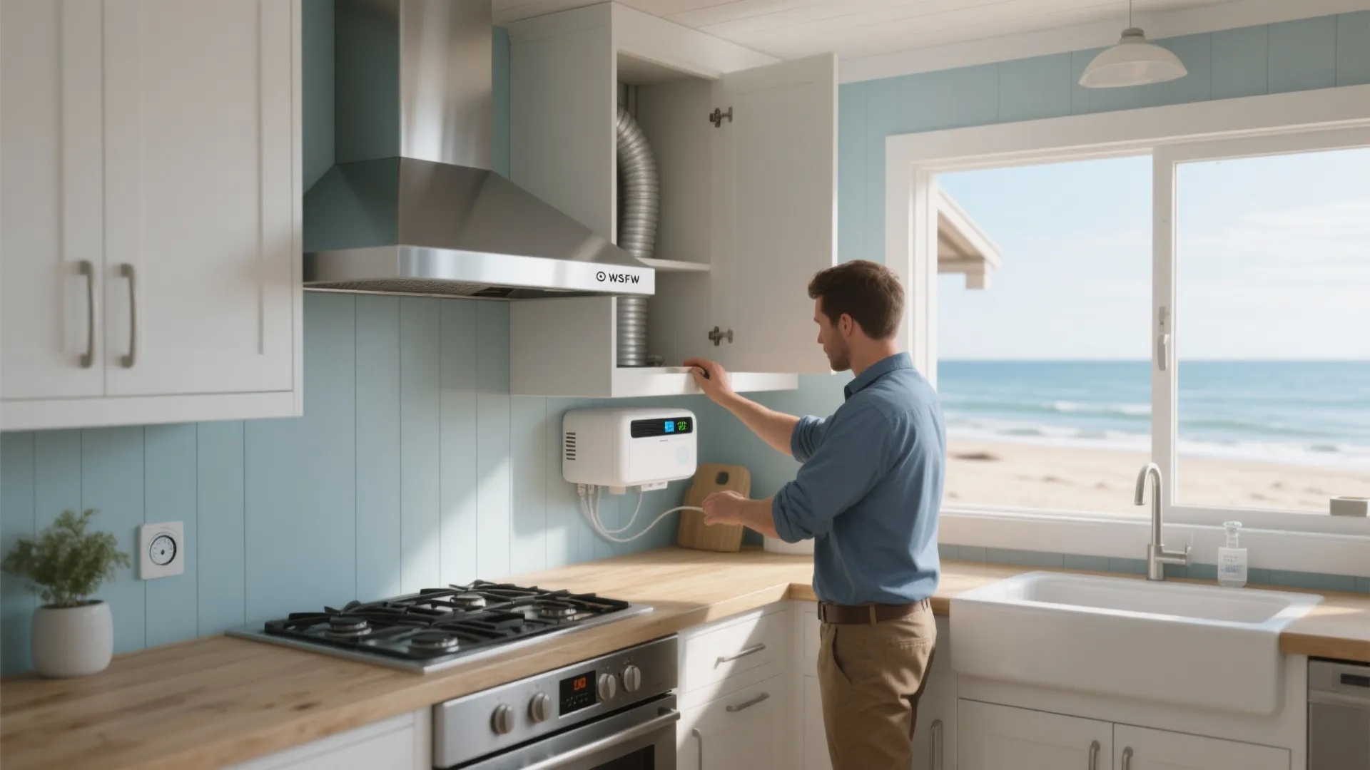 Man in blue shirt checks kitchen wall device near white cabinets stove and beach view window