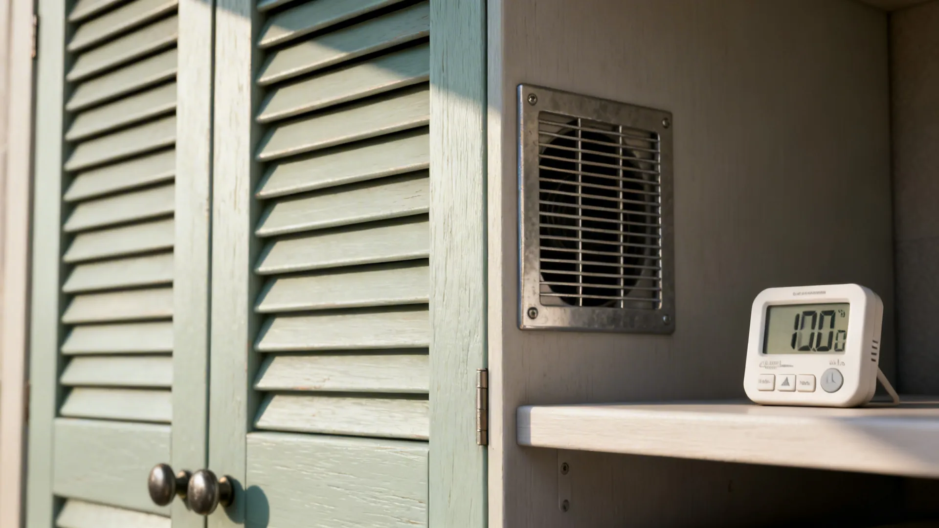 Louvered cabinet door, passive vent grille, and a digital hygrometer demonstrating laundry ventilation and humidity monitoring.
