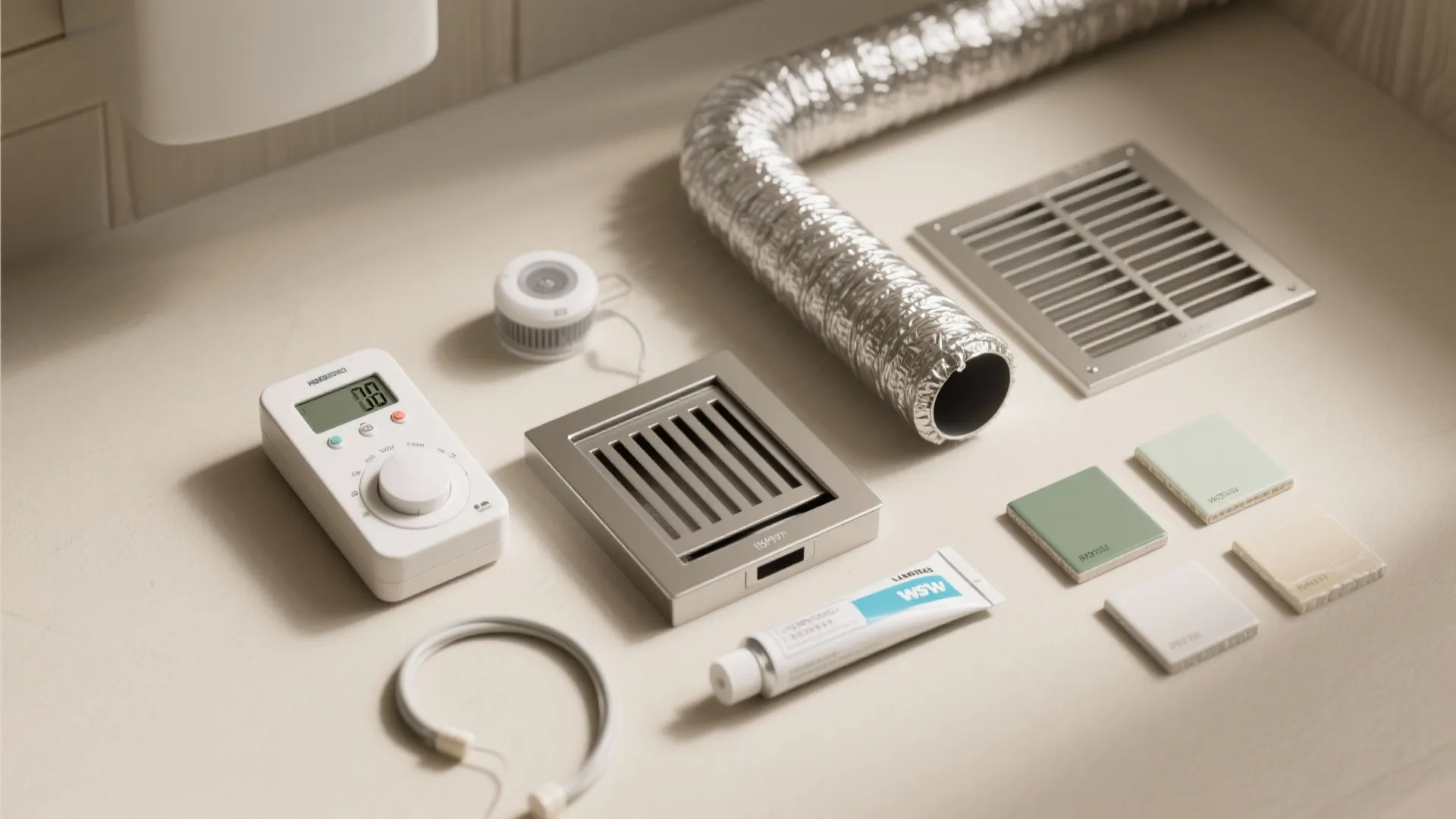 Ventilation kit showing silver flexible pipe metal vents white controller small color tiles and sealant tube