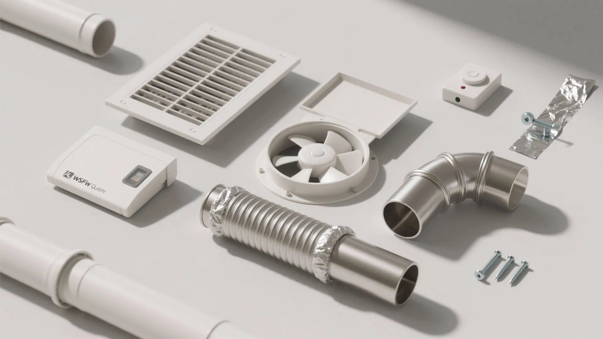 Flatlay of bathroom ventilation essentials: fan grille, damper, insulated duct, sensor switch.