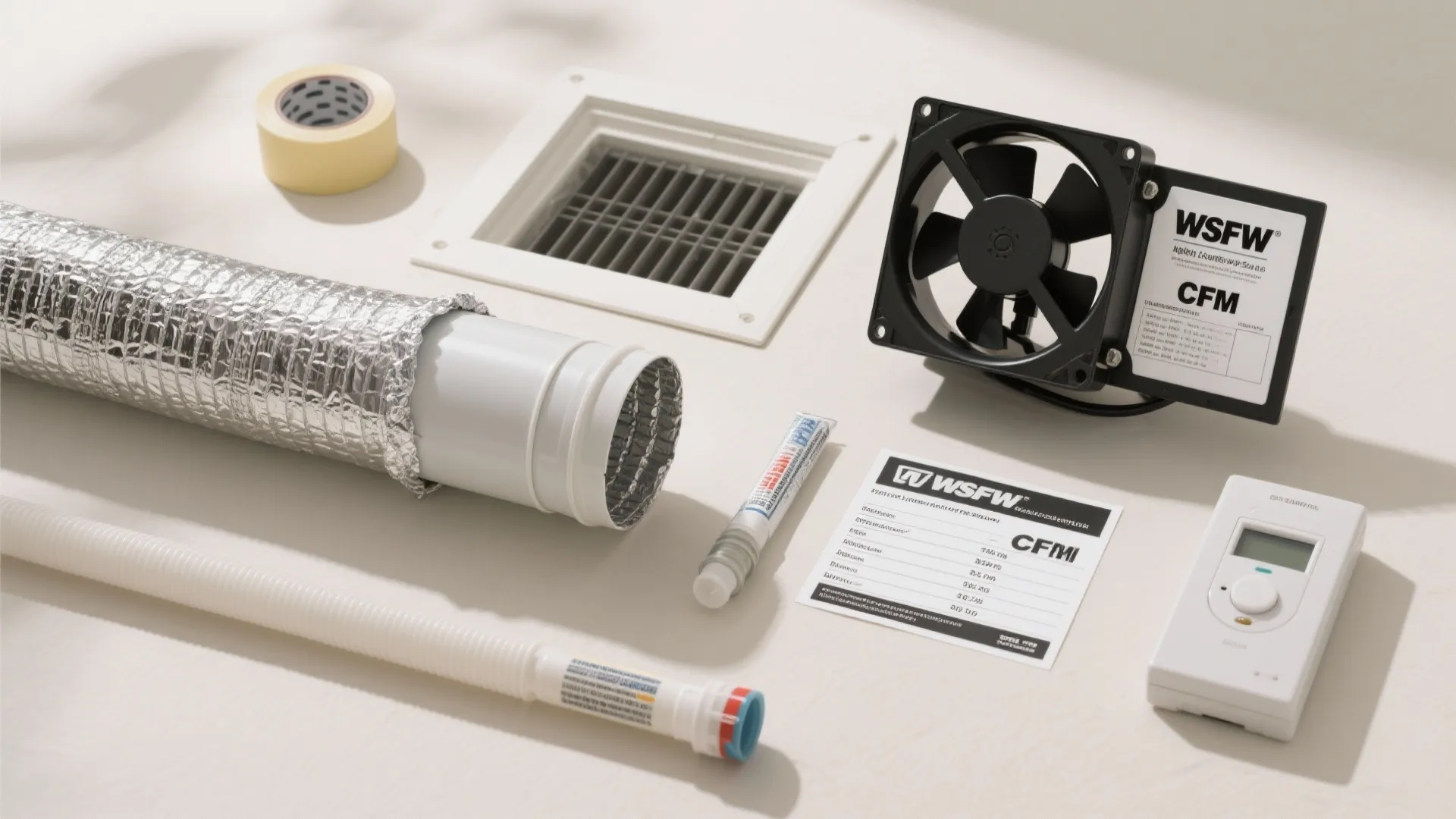 Collection of bathroom ventilation parts including exhaust fan silver duct tape and white control switch