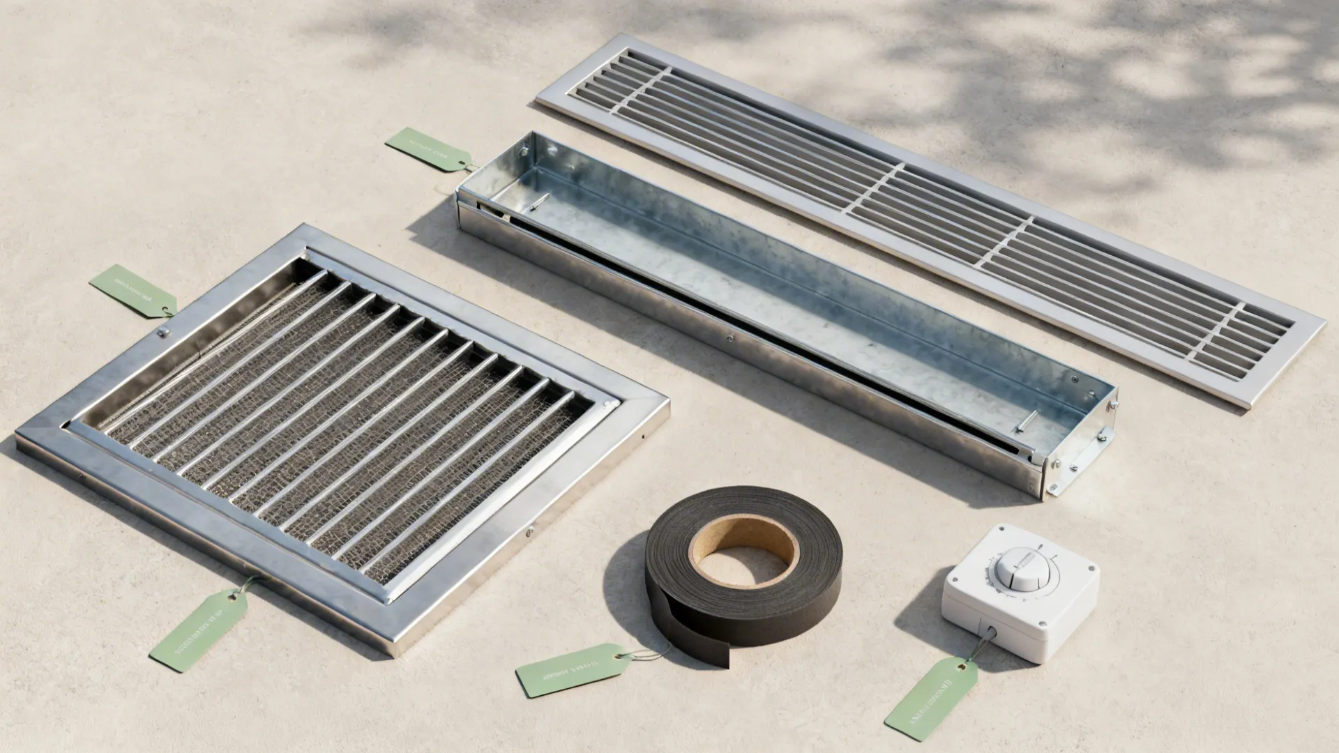 Metal vent covers, a tray, black tape, and a white controller laid on a floor