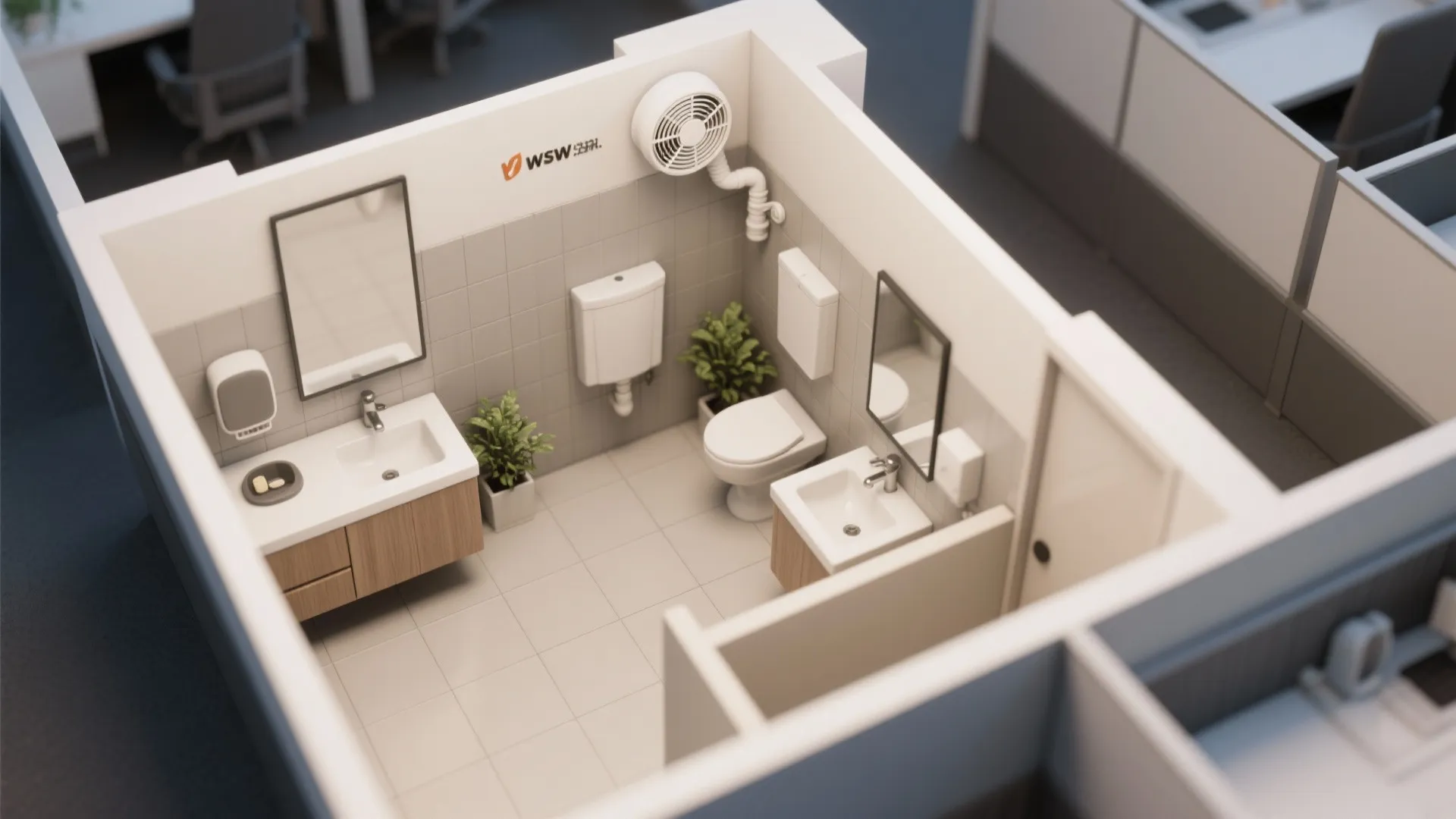 Interior design drawing of office restroom layout with sinks, toilets, mirrors, and wall ventilation fan