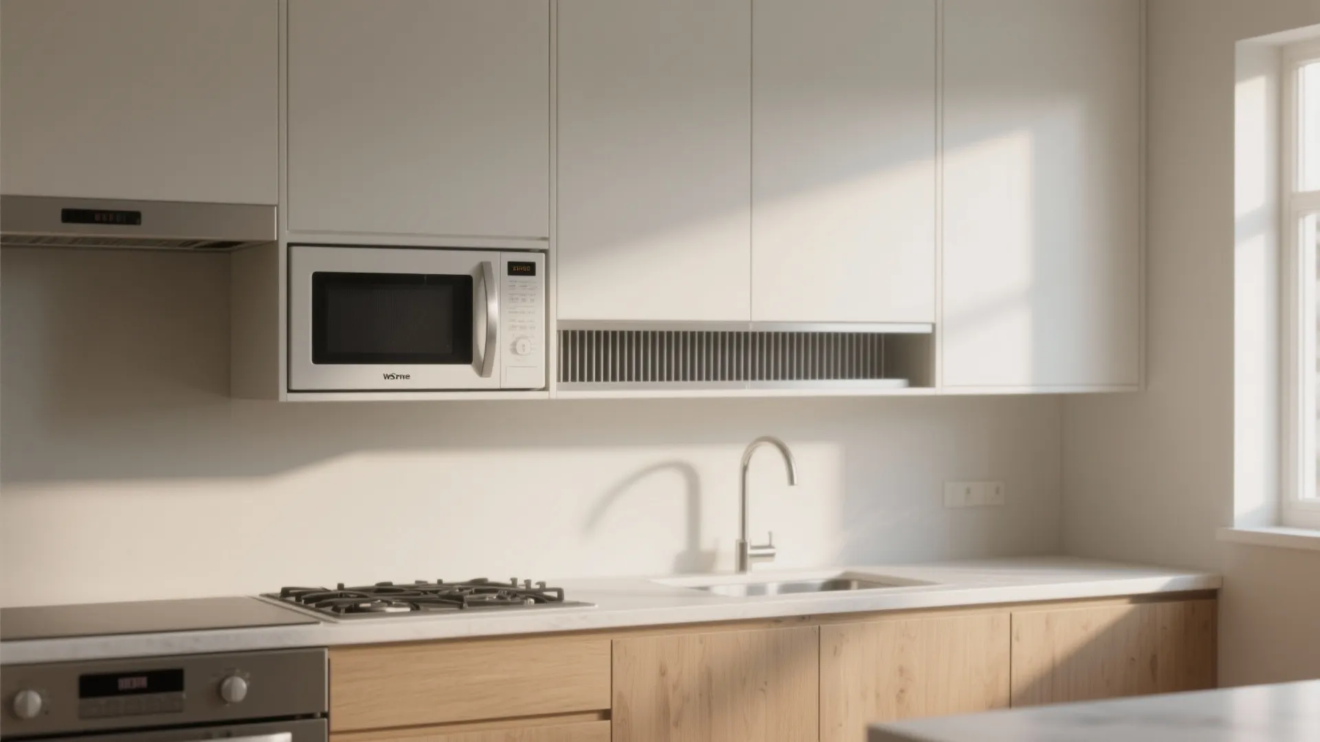 Reworked kitchen layout showing a microwave with a ventilation gap in the cabinetry to reduce trapped steam.
