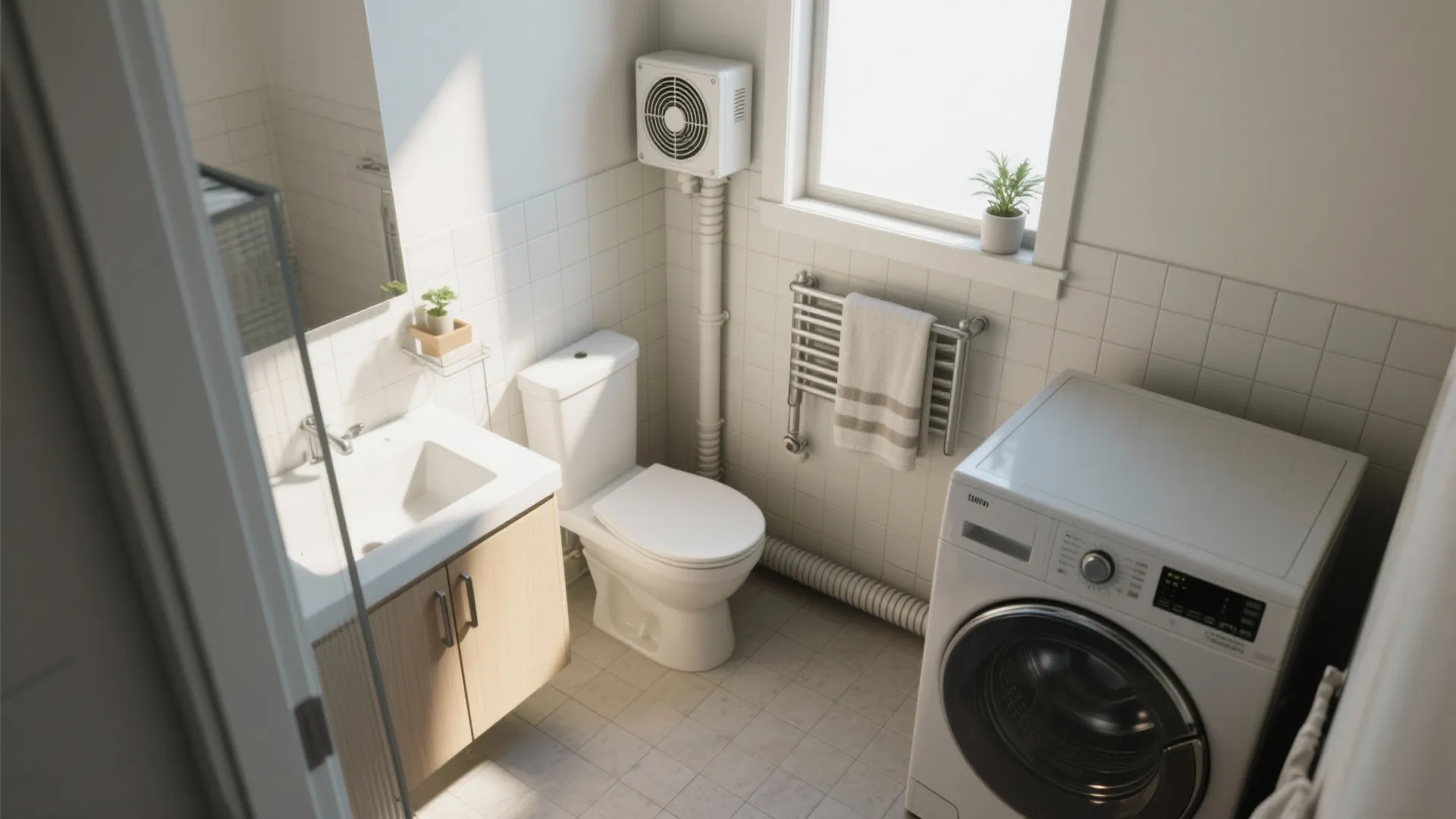 Small white bathroom with a toilet sink washing machine window fan and towel on rack