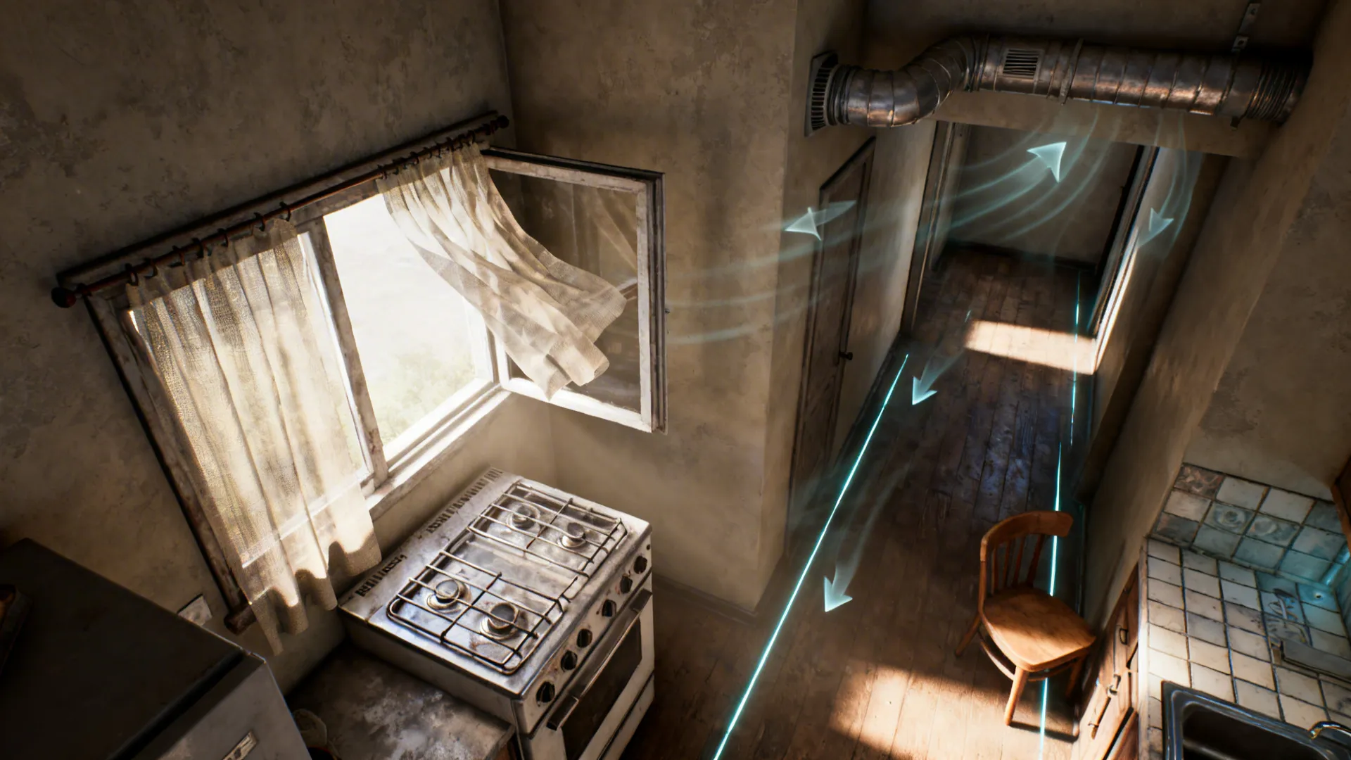 Top-down view of a small flat showing stove placement, window and passive vent for balanced airflow.