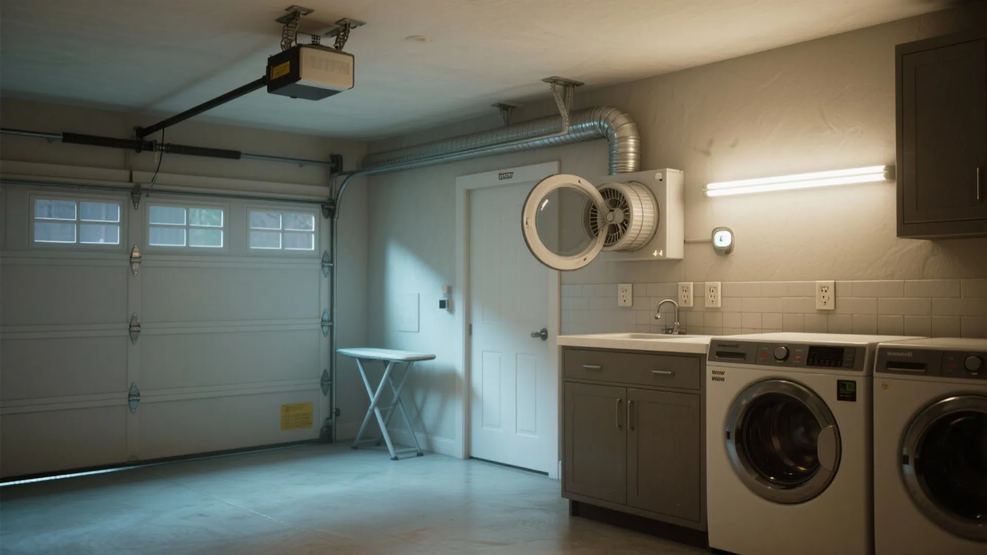 Wide shot highlighting exhaust fan, dryer vent routing, bright task lighting and outlets in a garage laundry for safety and ventilation.