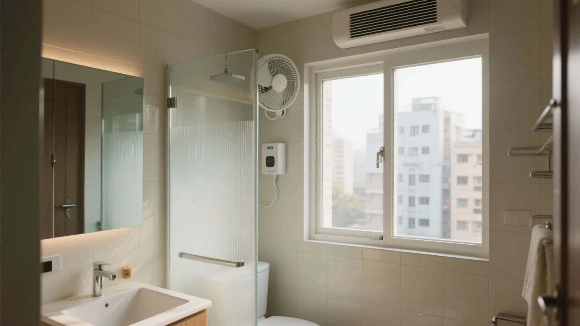 Compact bathroom with frosted high window, exhaust fan, and light-toned surfaces enhancing brightness.