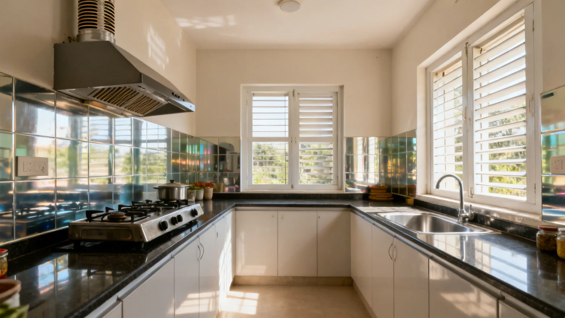 Airy compact kitchen with cross-vent windows, ducted chimney, and bright natural light.