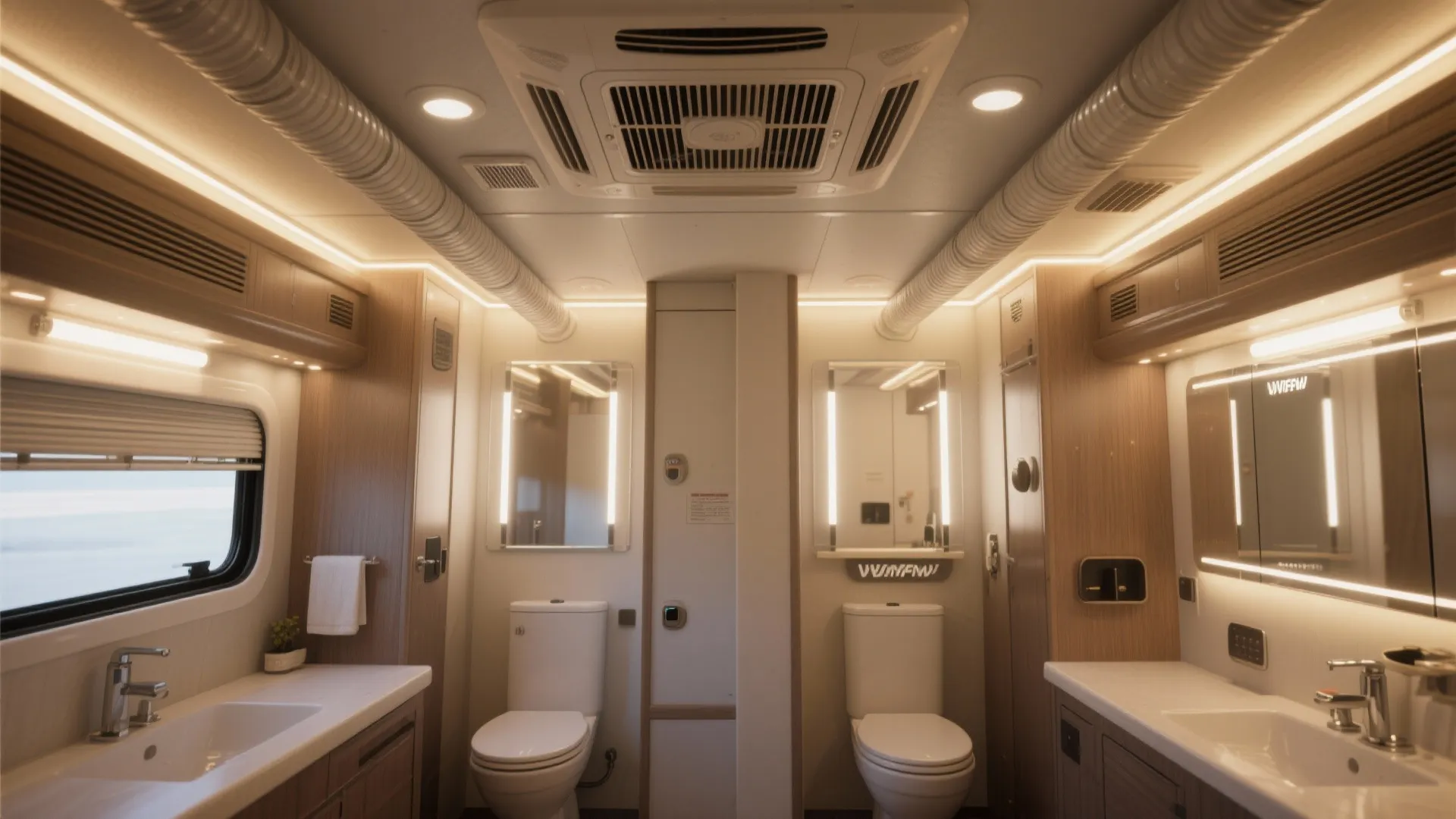 Diagram-like photoreal scene of RV bathroom ventilation and layered LED lighting solutions.