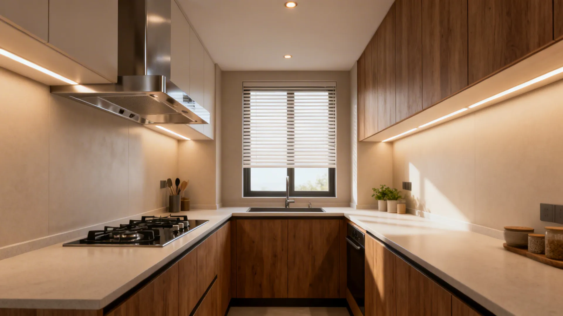 Small kitchen featuring wooden cabinets white countertops gas stove silver vent hood and bright window blinds