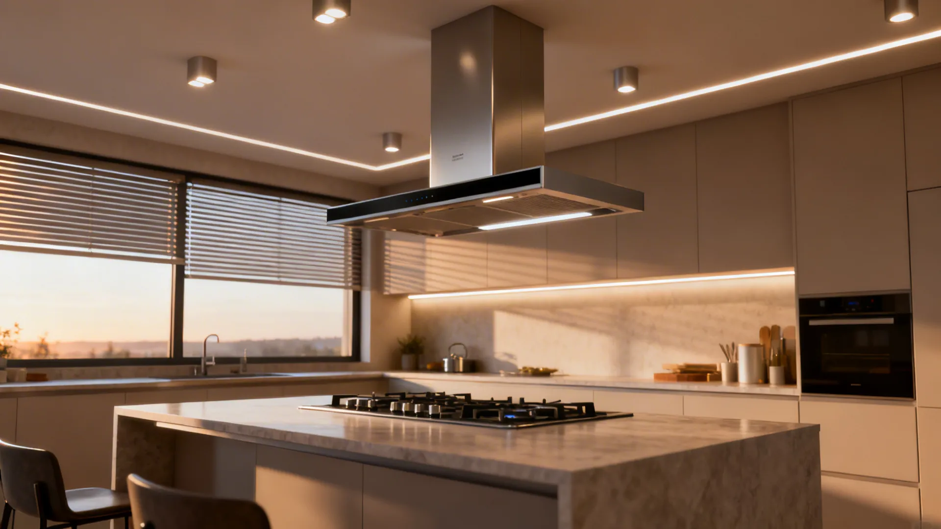 West kitchen with slim ducted hood, solar shades, and layered task lighting for glare control.