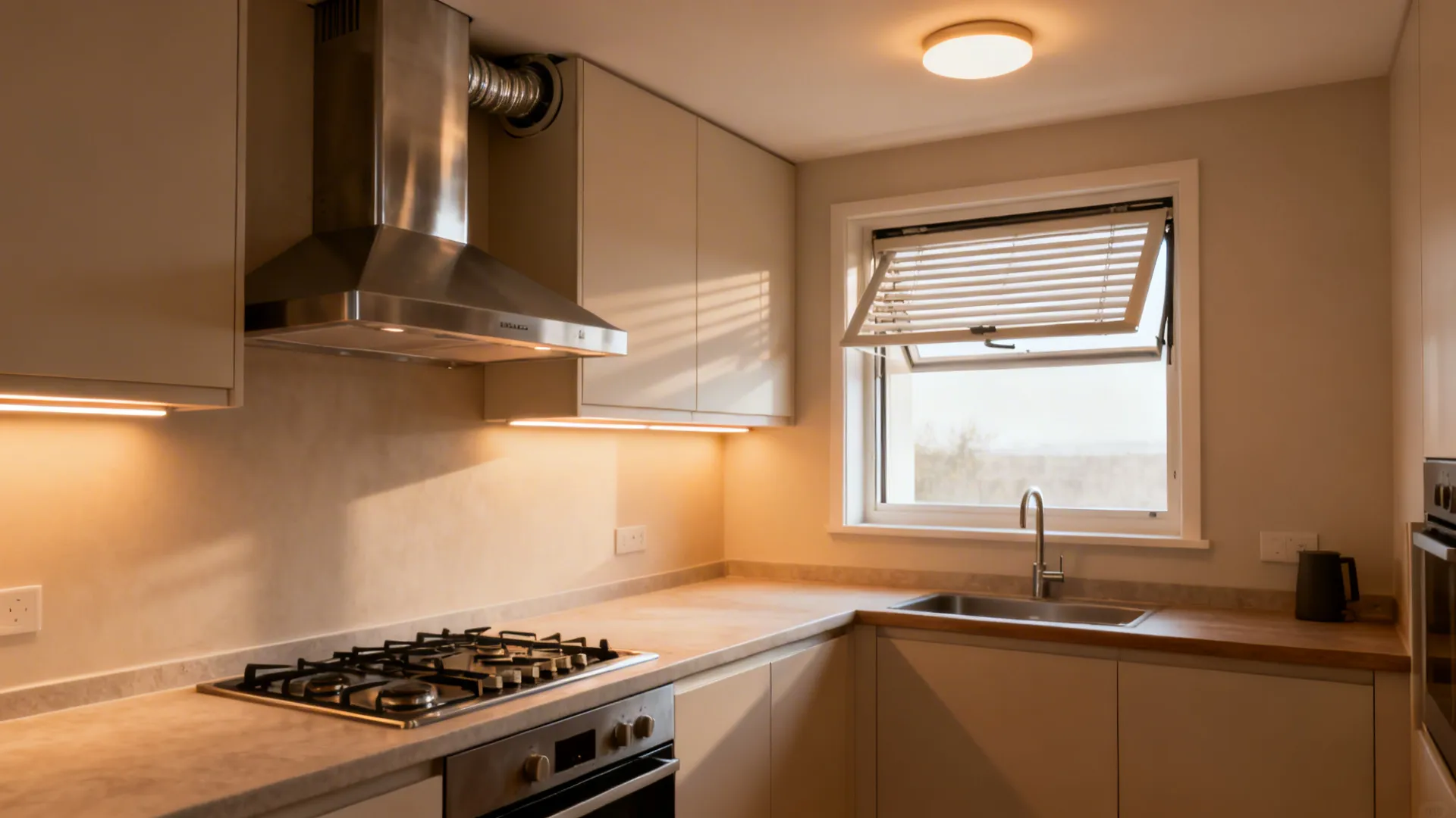 Compact kitchen with high-suction chimney, window ventilation, and bright task lighting.