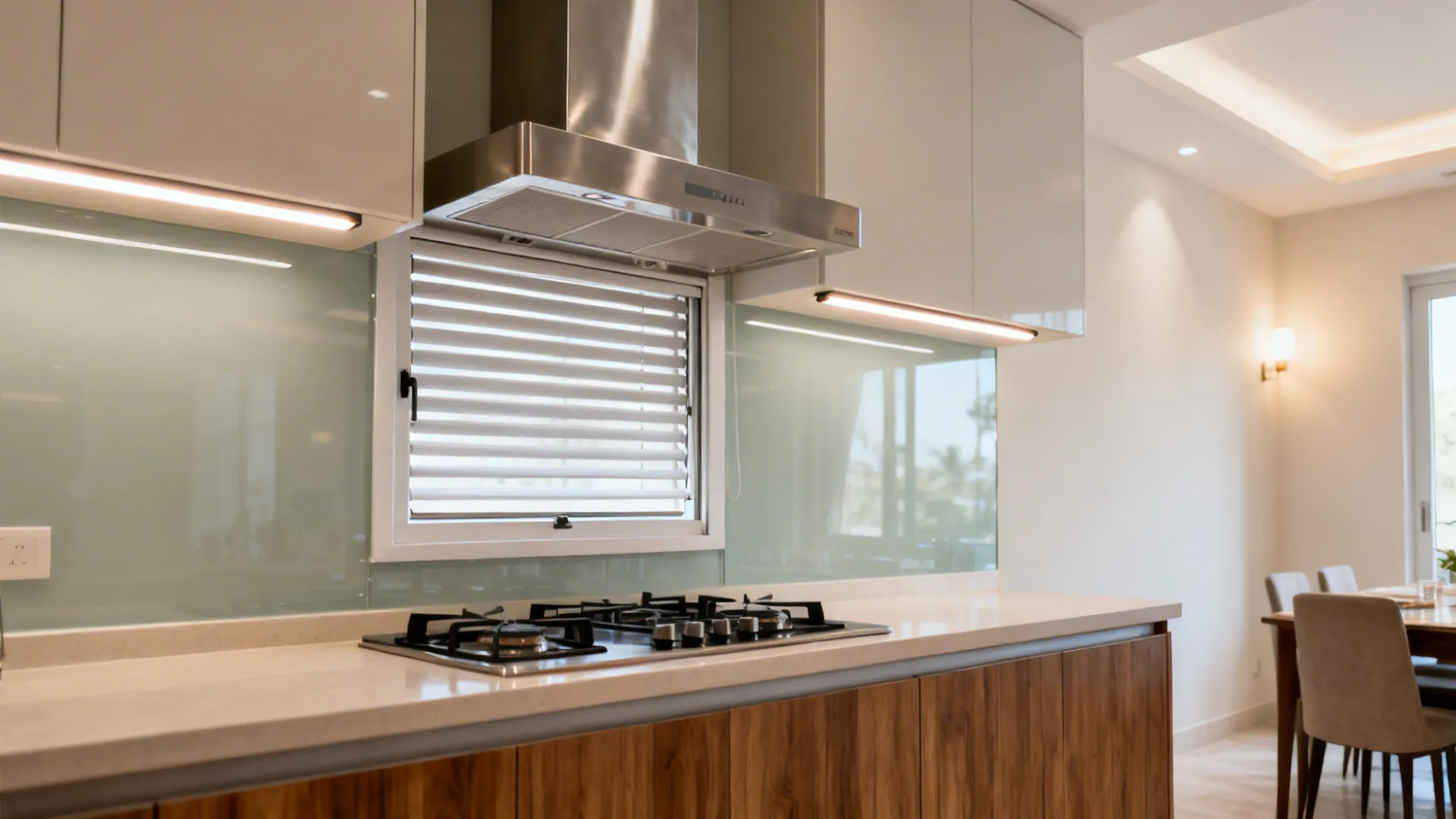 Kitchen with baffle filter hood, window louver, and under-cabinet LED task lights.
