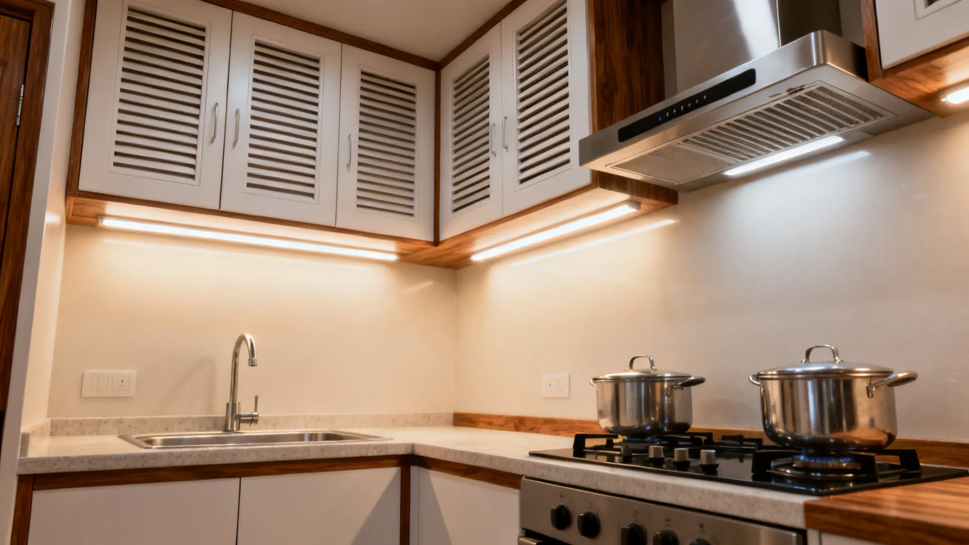 Slim exhaust fan, louvered doors, and warm LED task lighting in a compact kitchen utility.