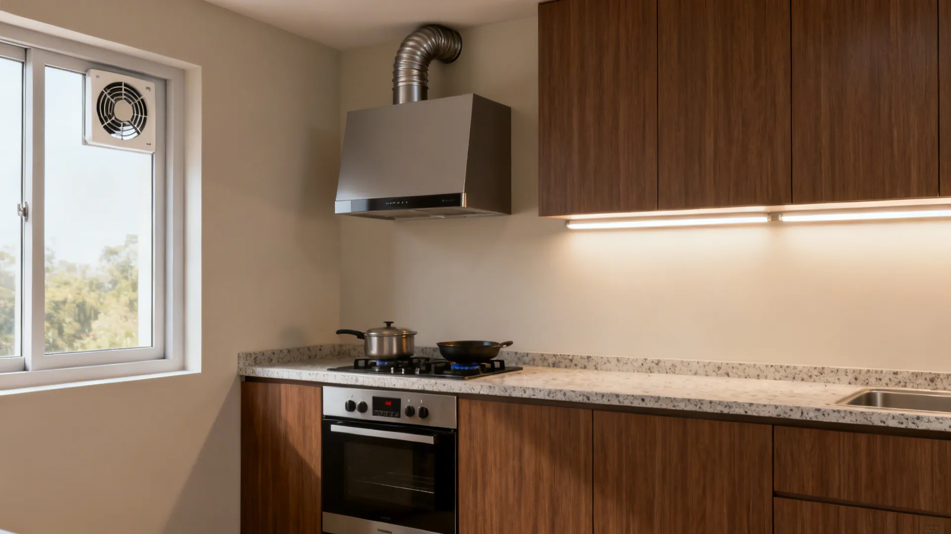 Compact kitchen with a chimney, 150 mm duct, window fan, and neutral under-cabinet LED lighting.