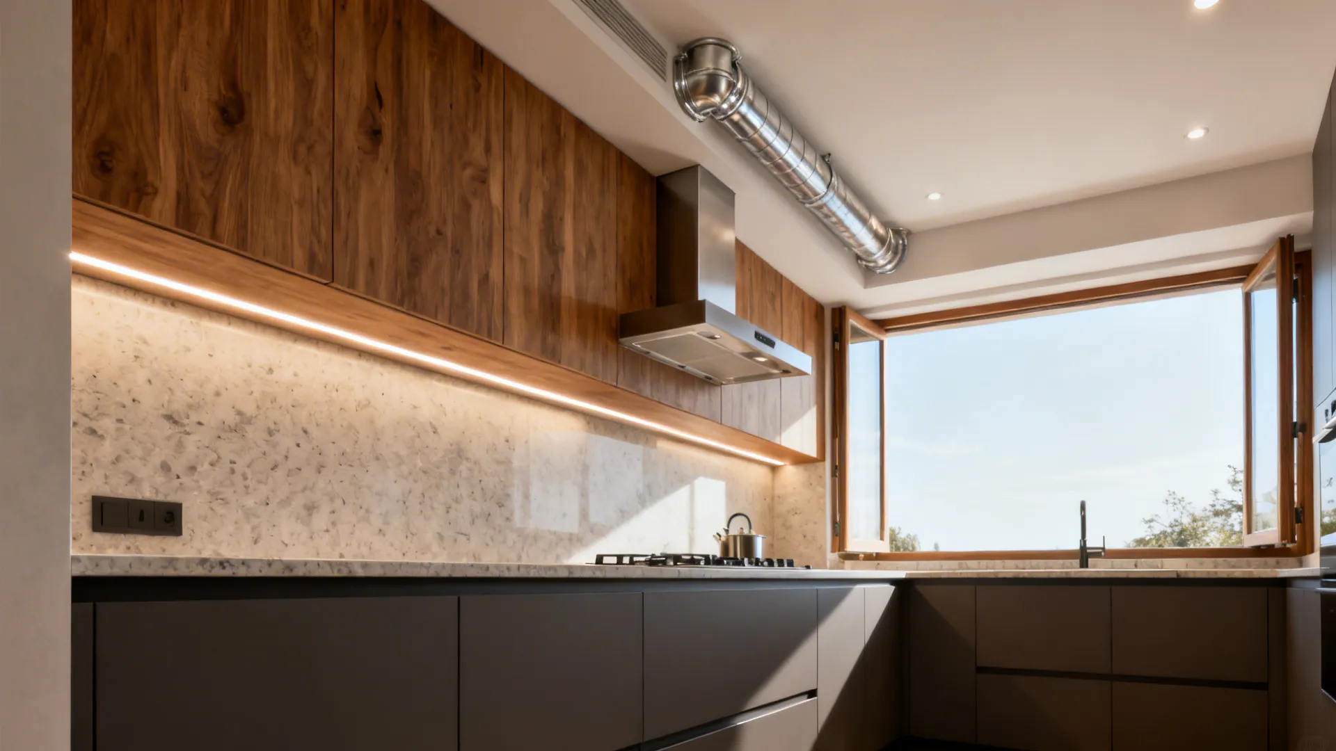 Compact kitchen with southeast-ducted chimney and under-cabinet LED task lighting