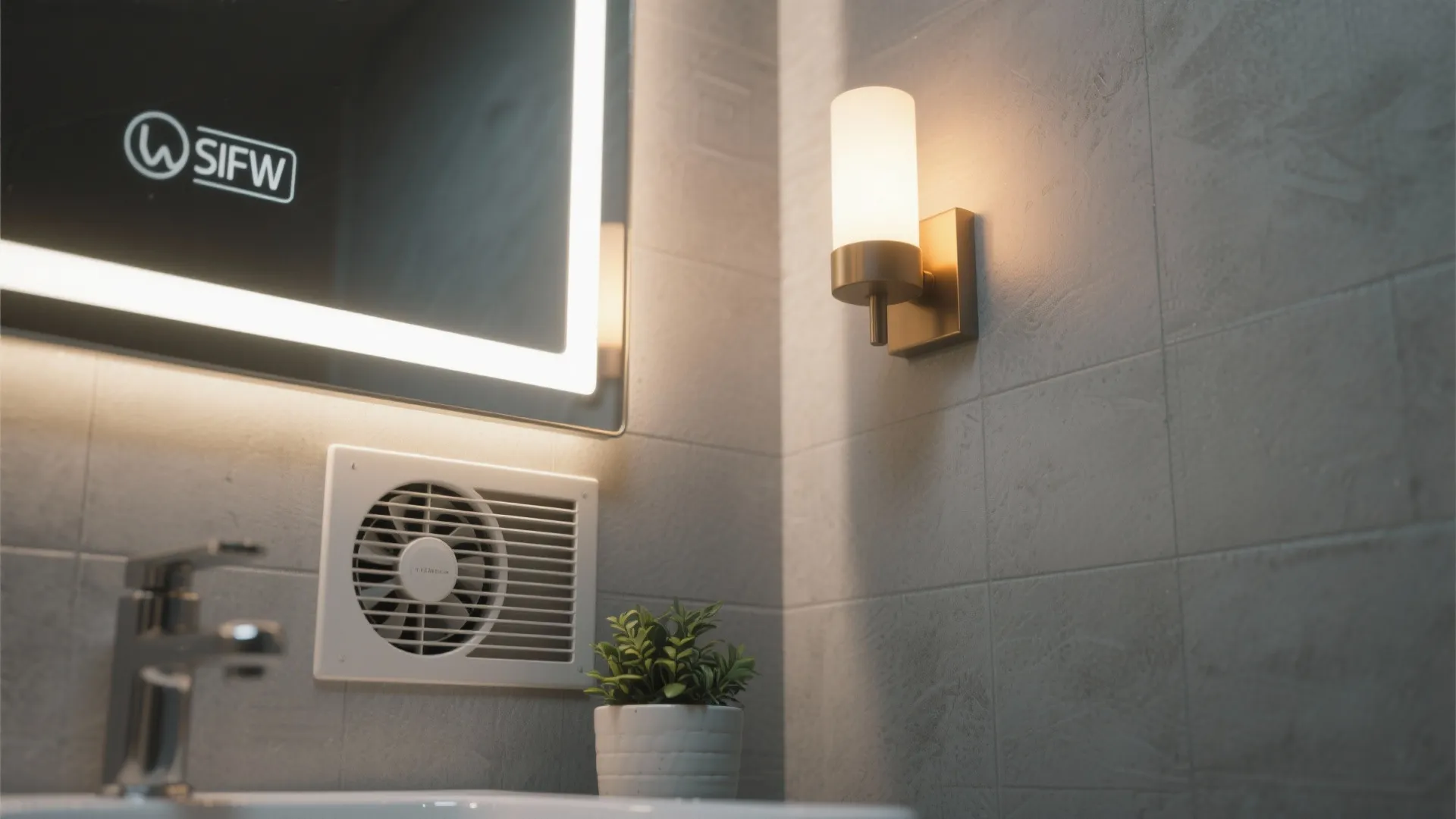 Close up of bathroom wall light fixture exhaust fan illuminated mirror and small potted plant