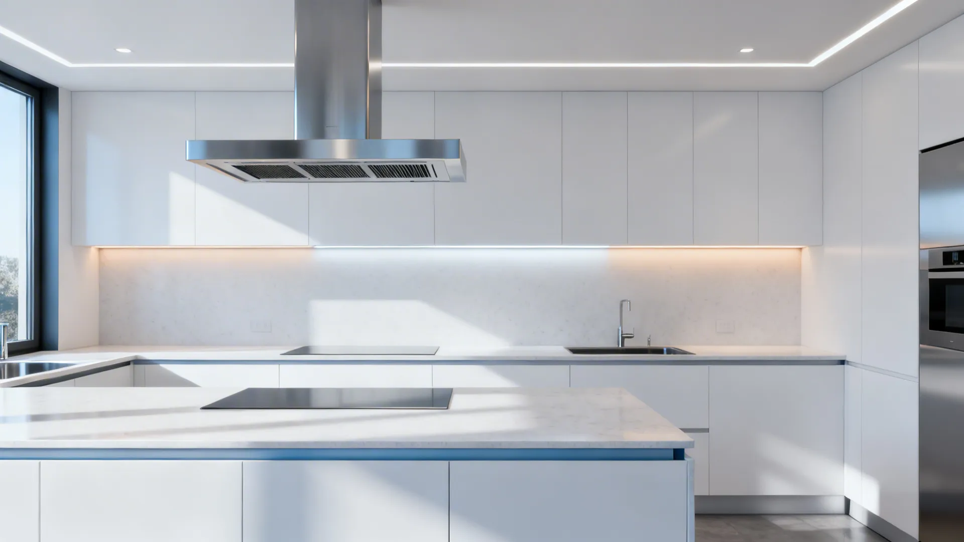 Minimalist white kitchen featuring a large island stainless steel exhaust hood and white marble backsplash