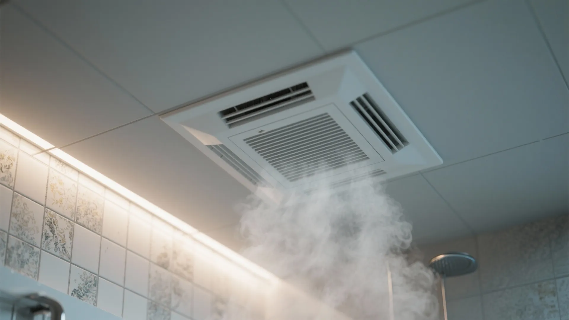 Modern white bathroom ceiling fan removing steam and smoke from the shower room with tiles