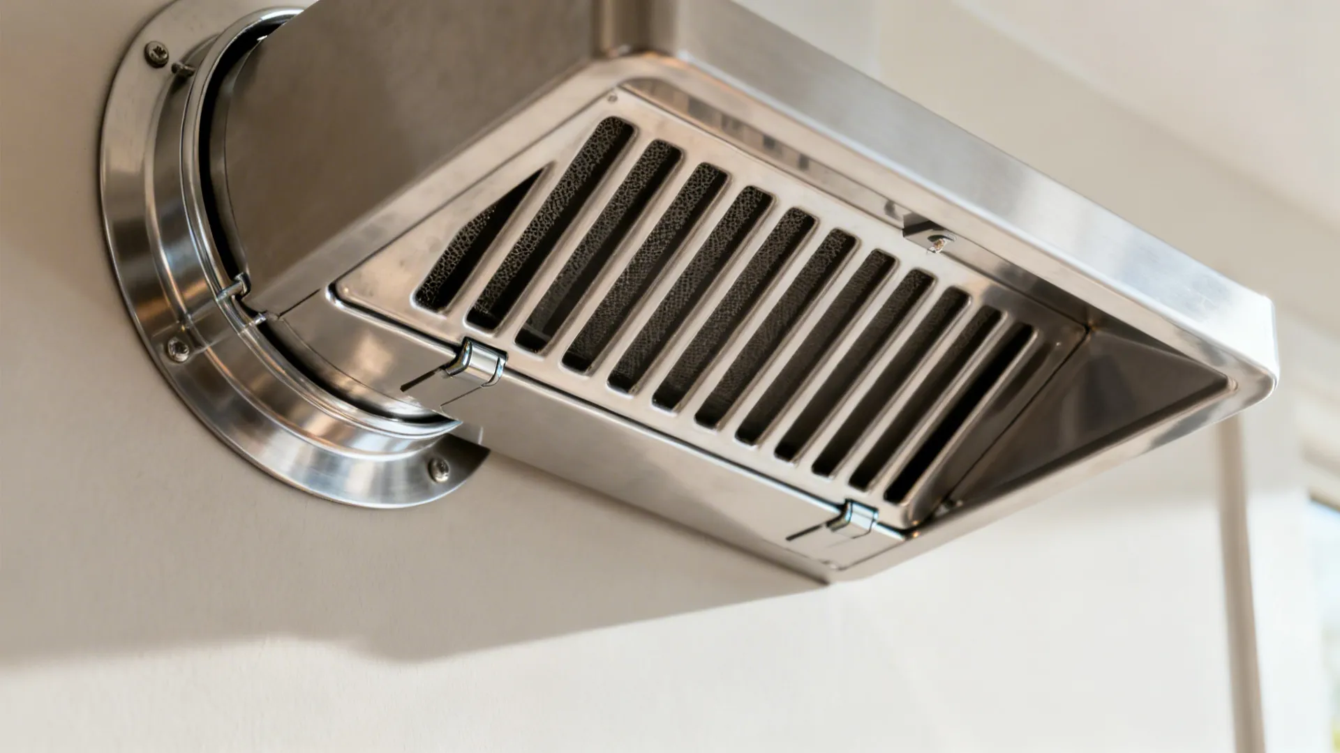 Macro of stainless baffle range hood filter and vent components for proper ducting.