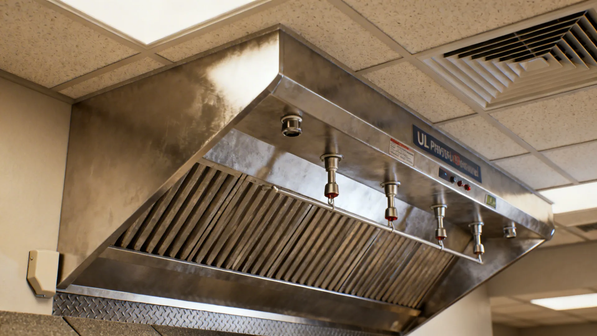 Close up of a stainless steel kitchen vent hood with nozzles installed on a white ceiling