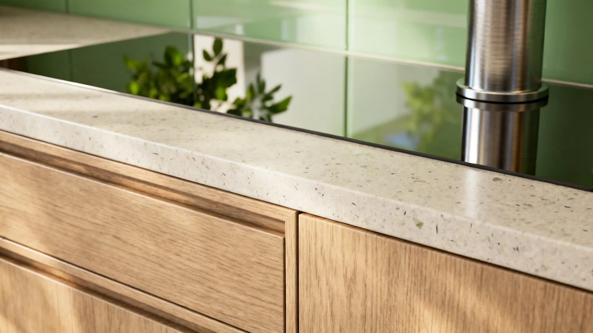 Macro detail of quartz countertop, reflective backsplash, and chimney showing airy, bright finishes.