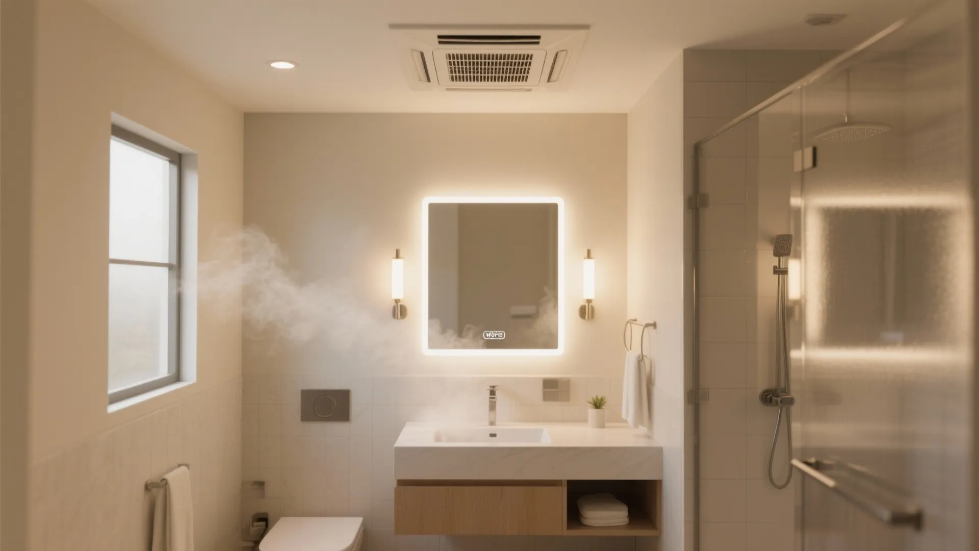 Well lit bathroom with square led mirror showing steam rising from a white vanity sink bowl