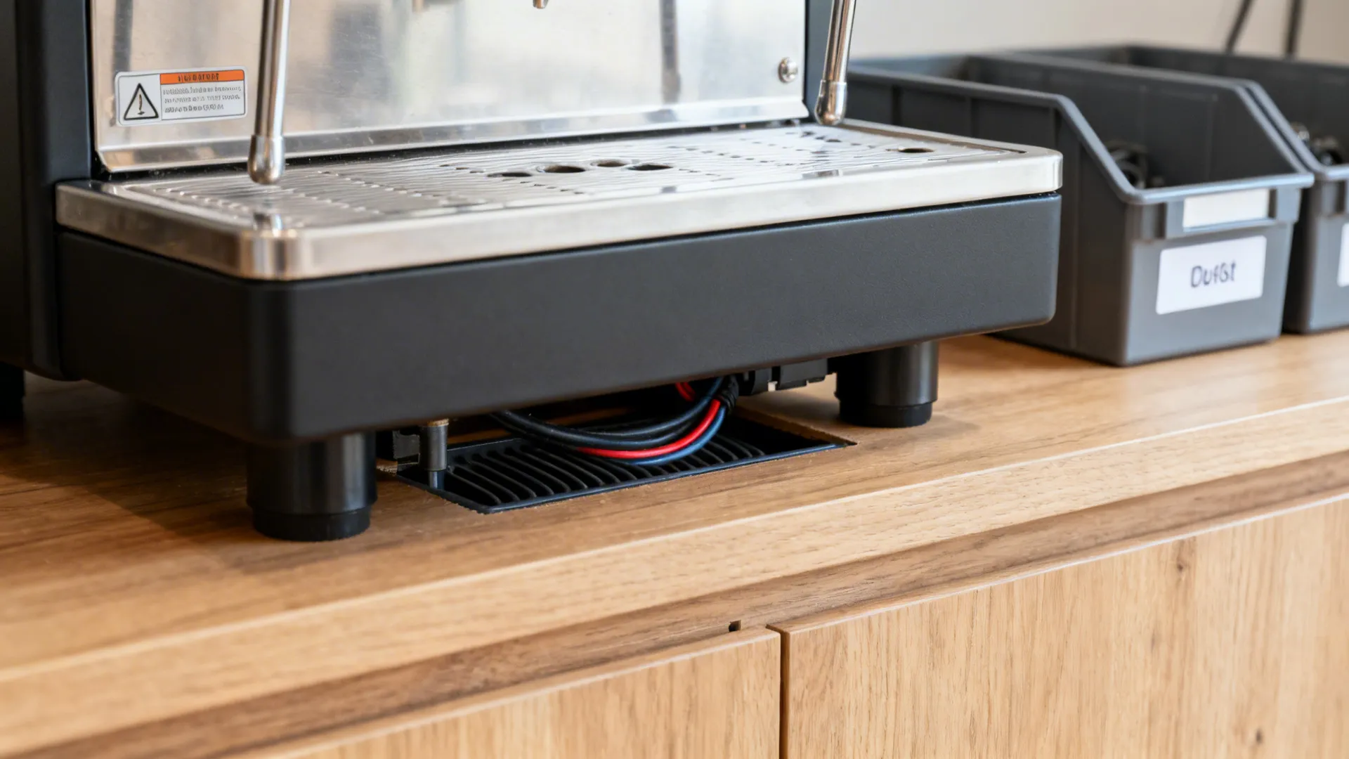 Macro detail of a ventilation gap and outlet area behind a compact espresso machine for safe installation.