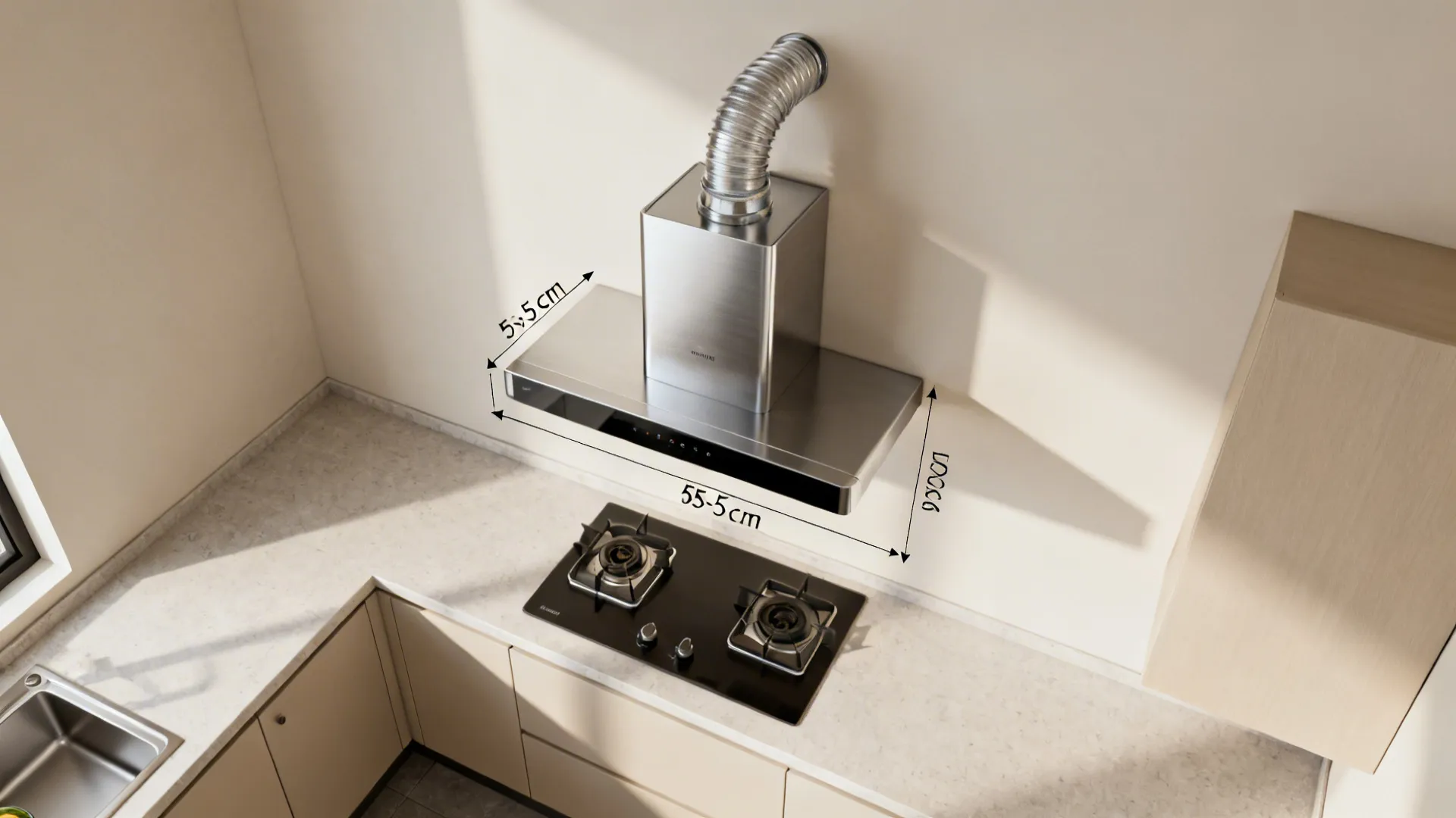 Top-down overview of a compact kitchen showing correct hood width, height, and straight ducting.