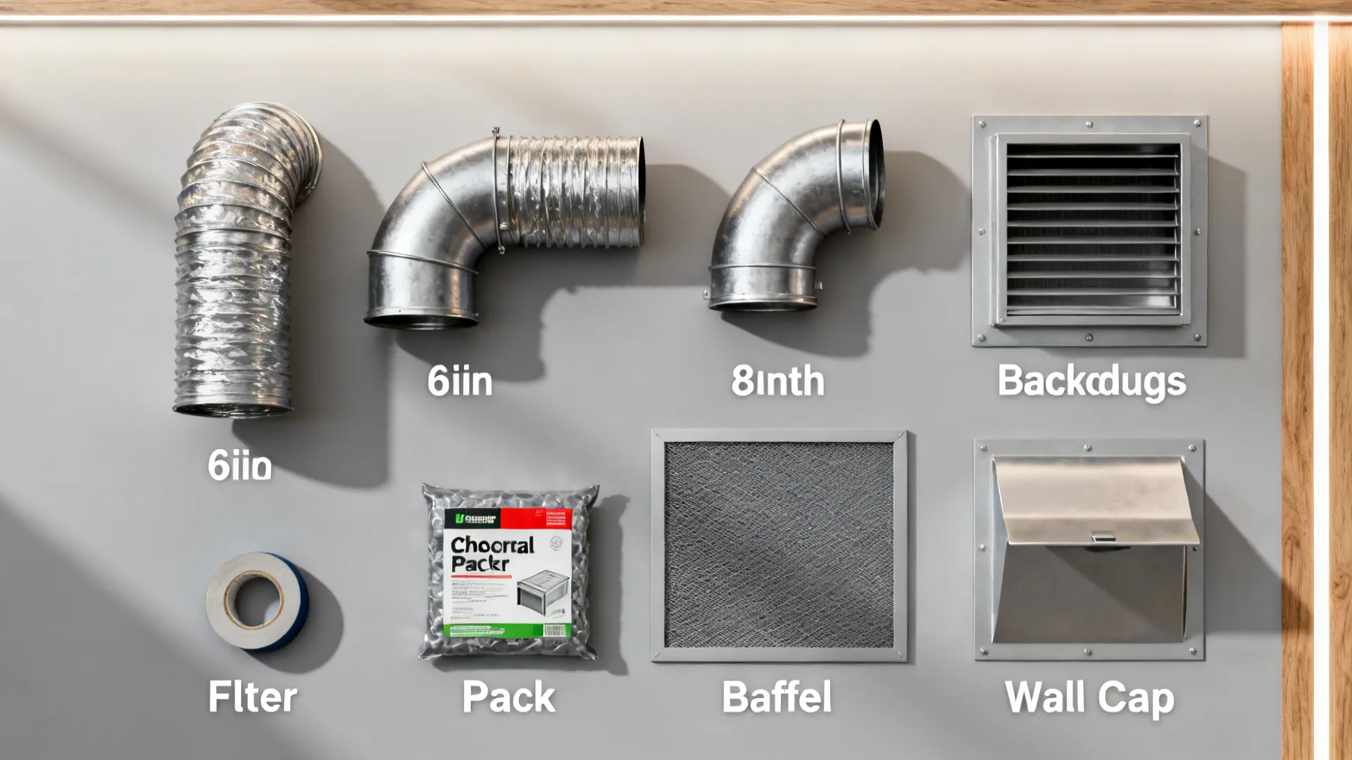 Flatlay of rigid ducts, elbows, damper, charcoal and baffle filters, and a wall cap.