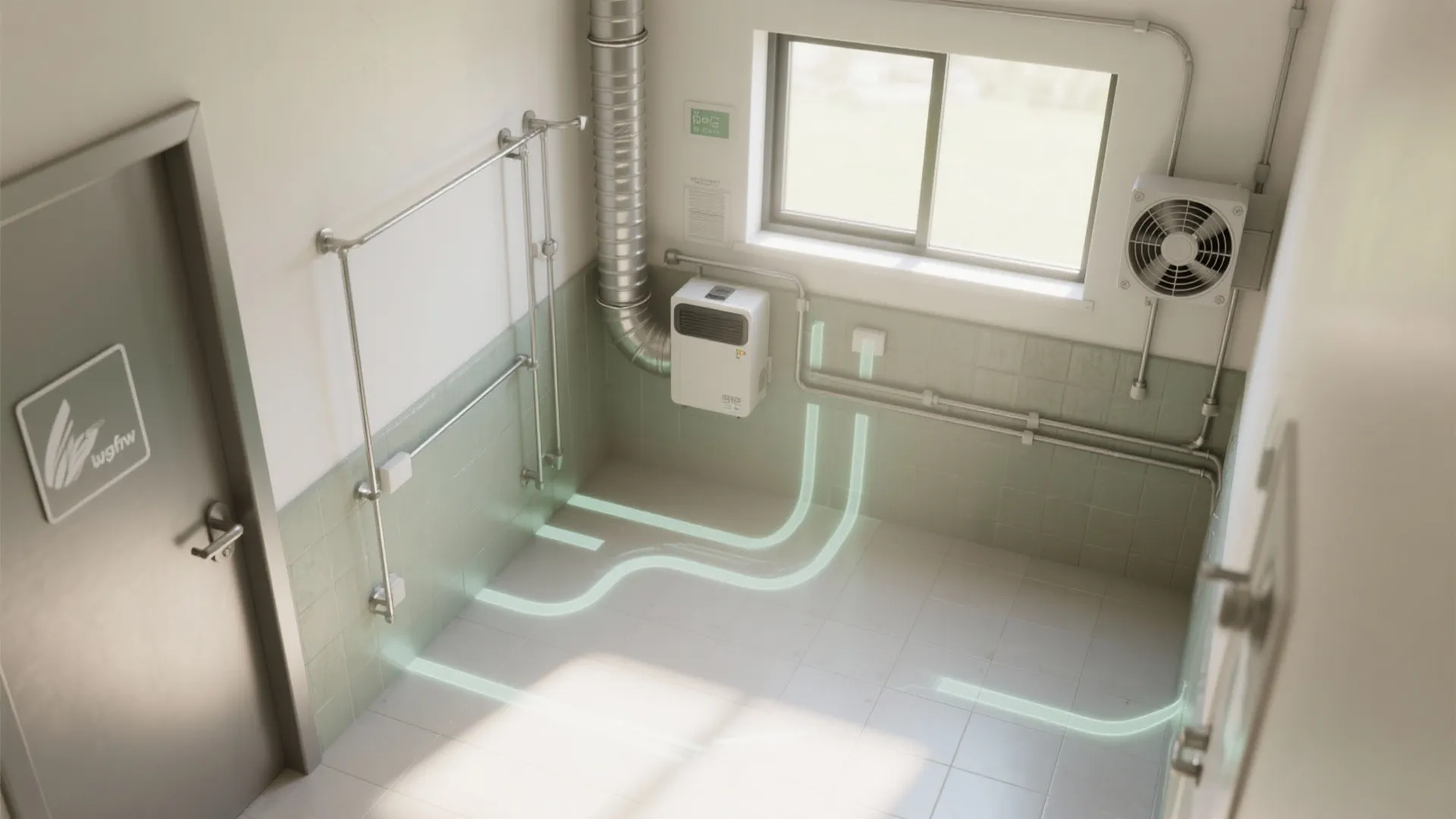 Interior design drawing showing a laundry room with wall fan, window, and glowing air flow