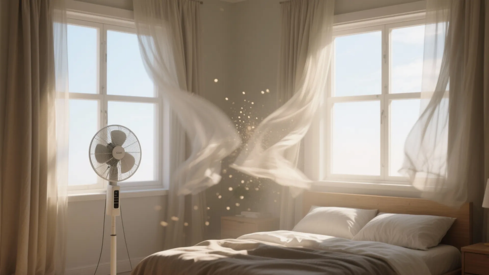 Electric floor fan blowing air toward white curtains in a bright bedroom with two windows