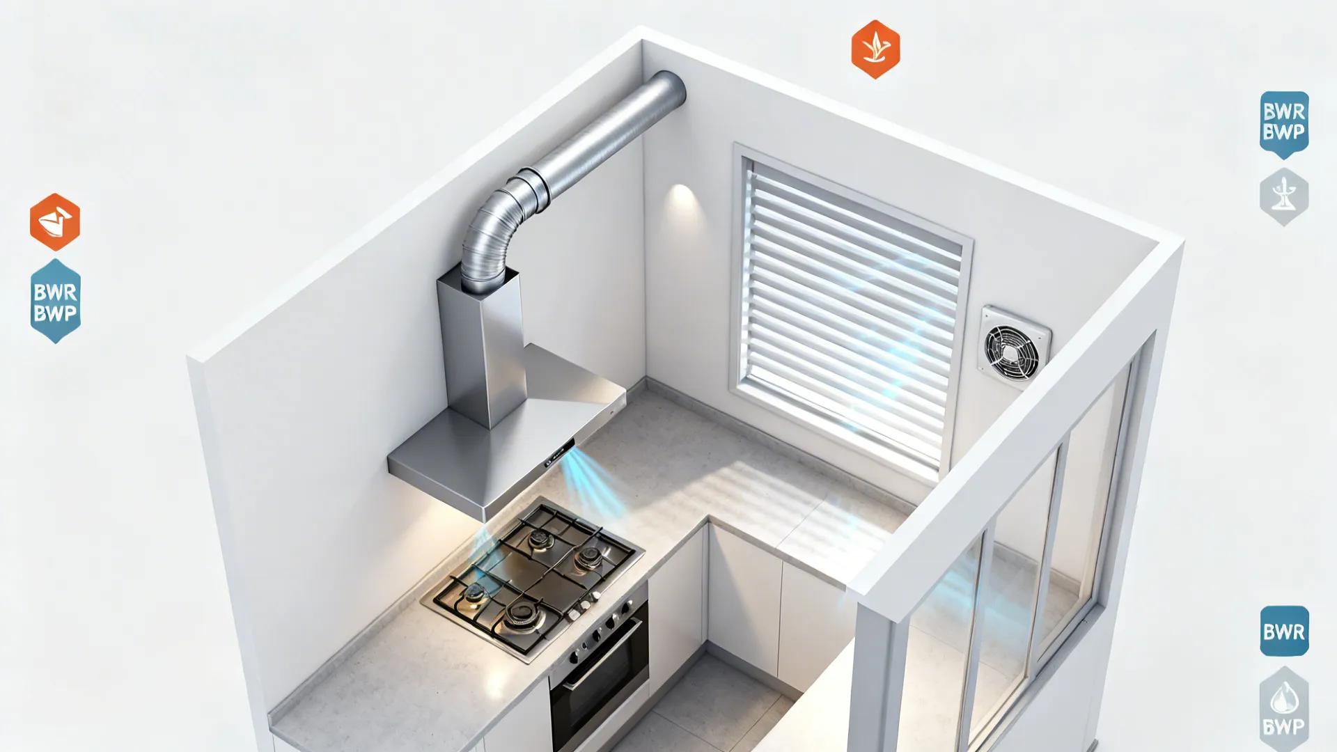 Top-down ventilation layout with chimney ducting to exterior and a louvered window for crossflow.