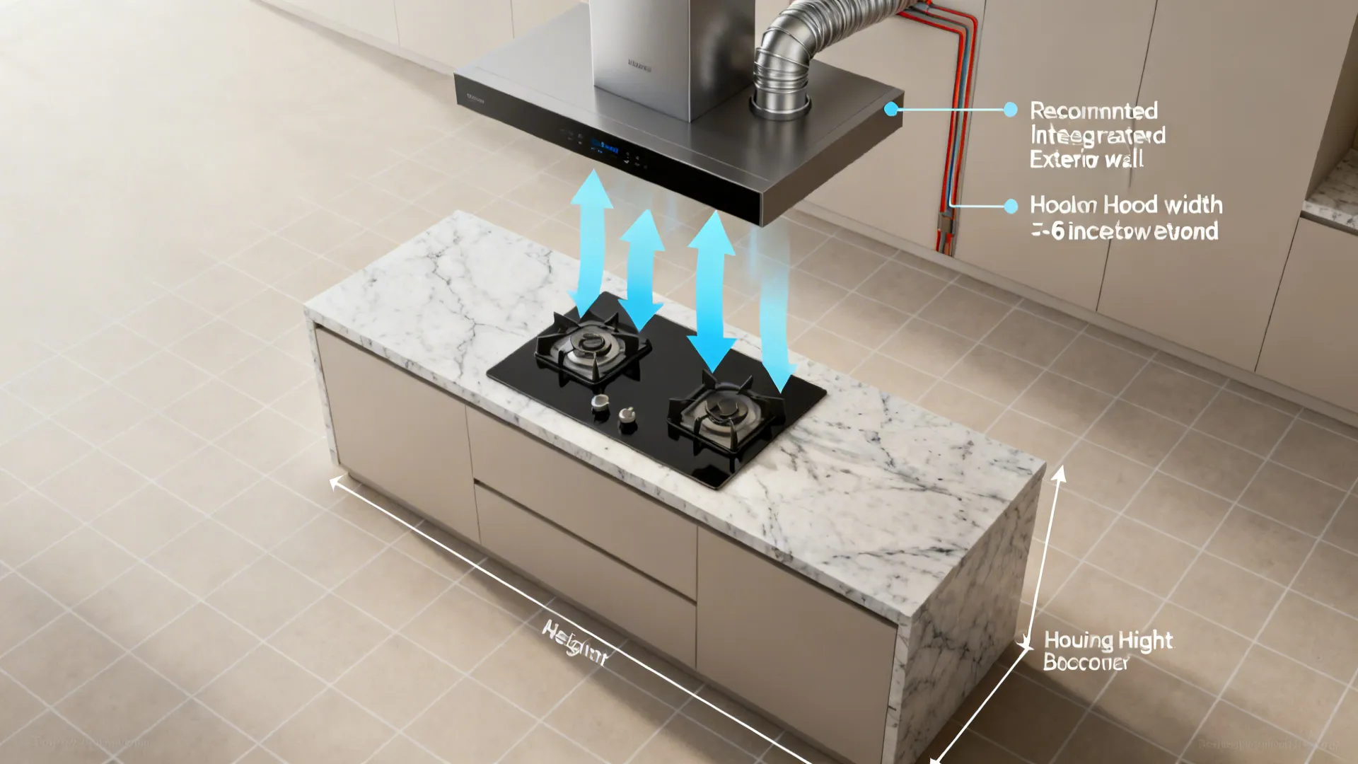 Top-down render illustrating airflow from island cooktop to a ceiling-integrated hood with exterior ducting.