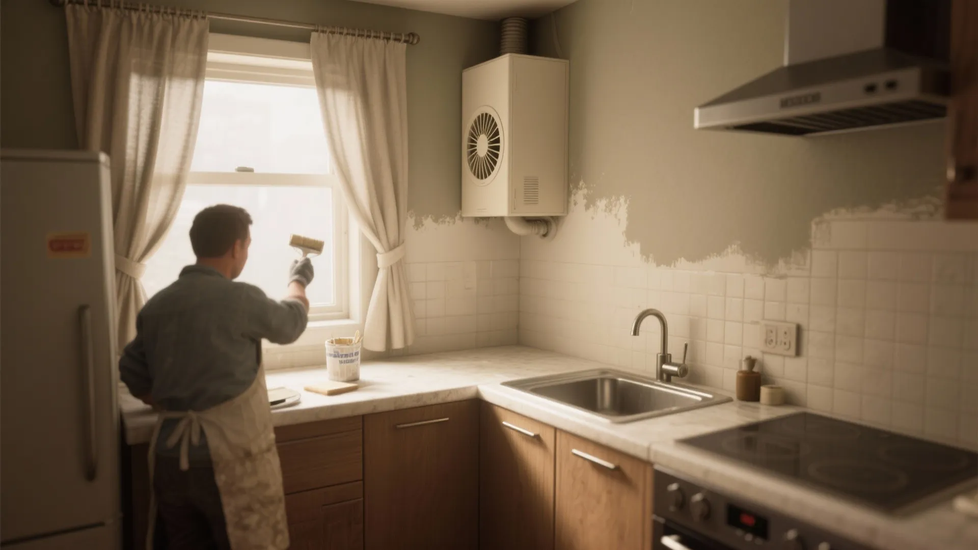 Man wearing apron painting a kitchen wall near a window and wall mounted white fan