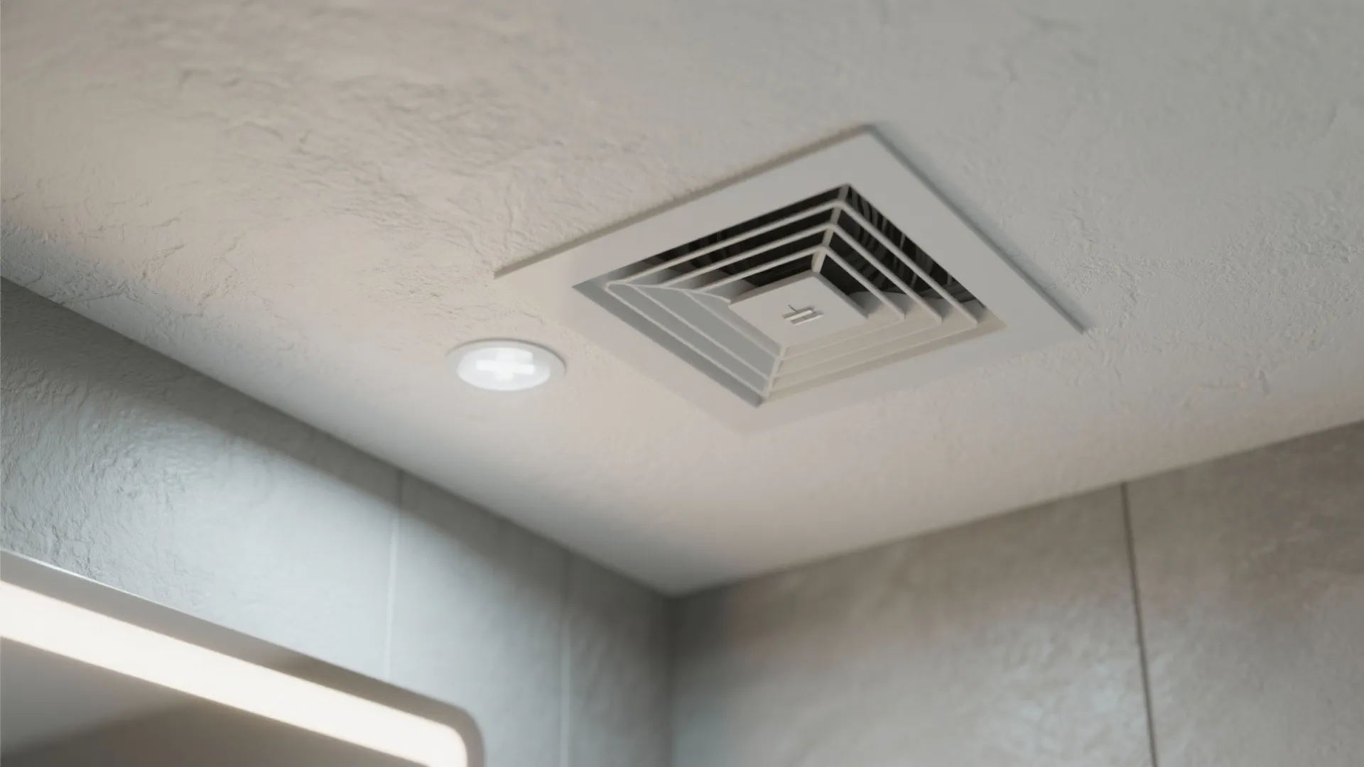 Close up of a square white ceiling air vent and small light in a bathroom