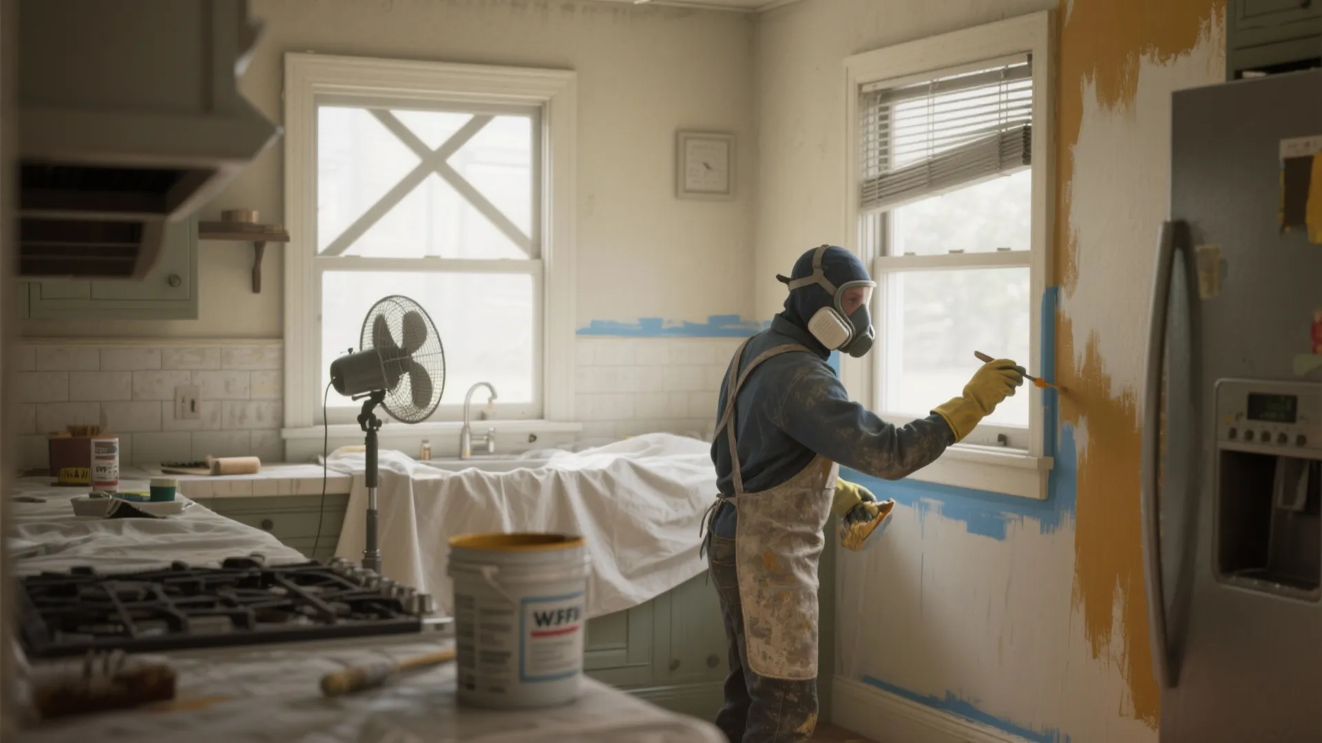 Person wearing protective gear and mask painting a kitchen wall yellow near a white window