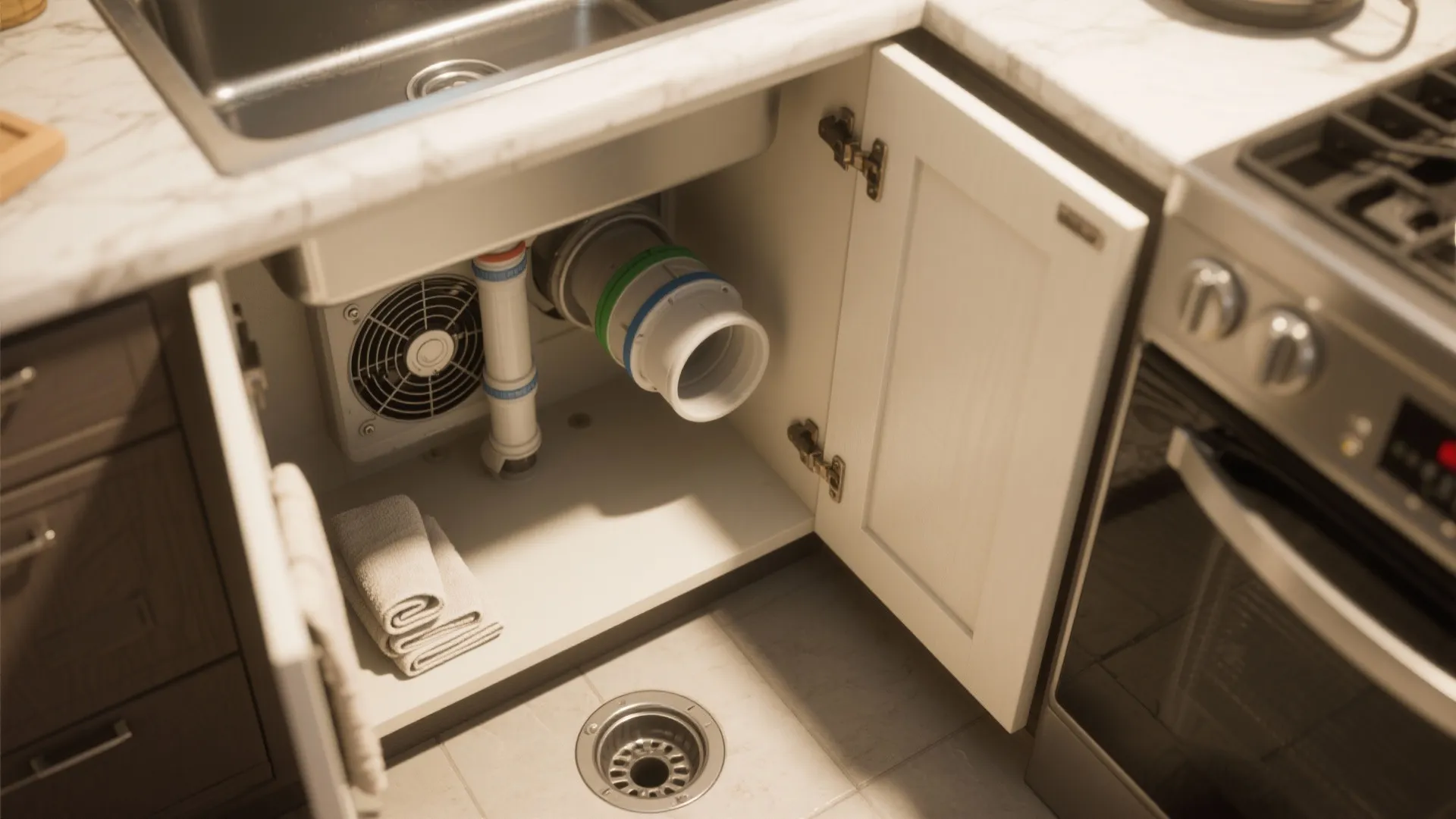Open kitchen cabinet under sink showing white ventilation pipes and a small fan for airflow