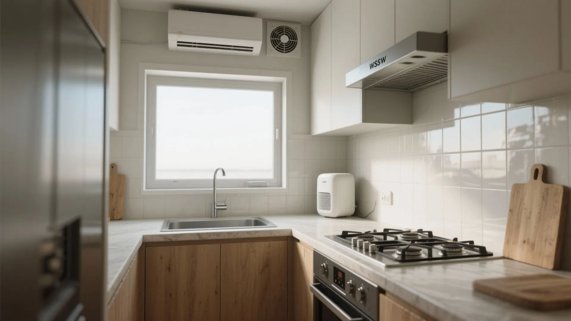 Small modern kitchen with wooden cabinets white counter tops a window and a wall air conditioner