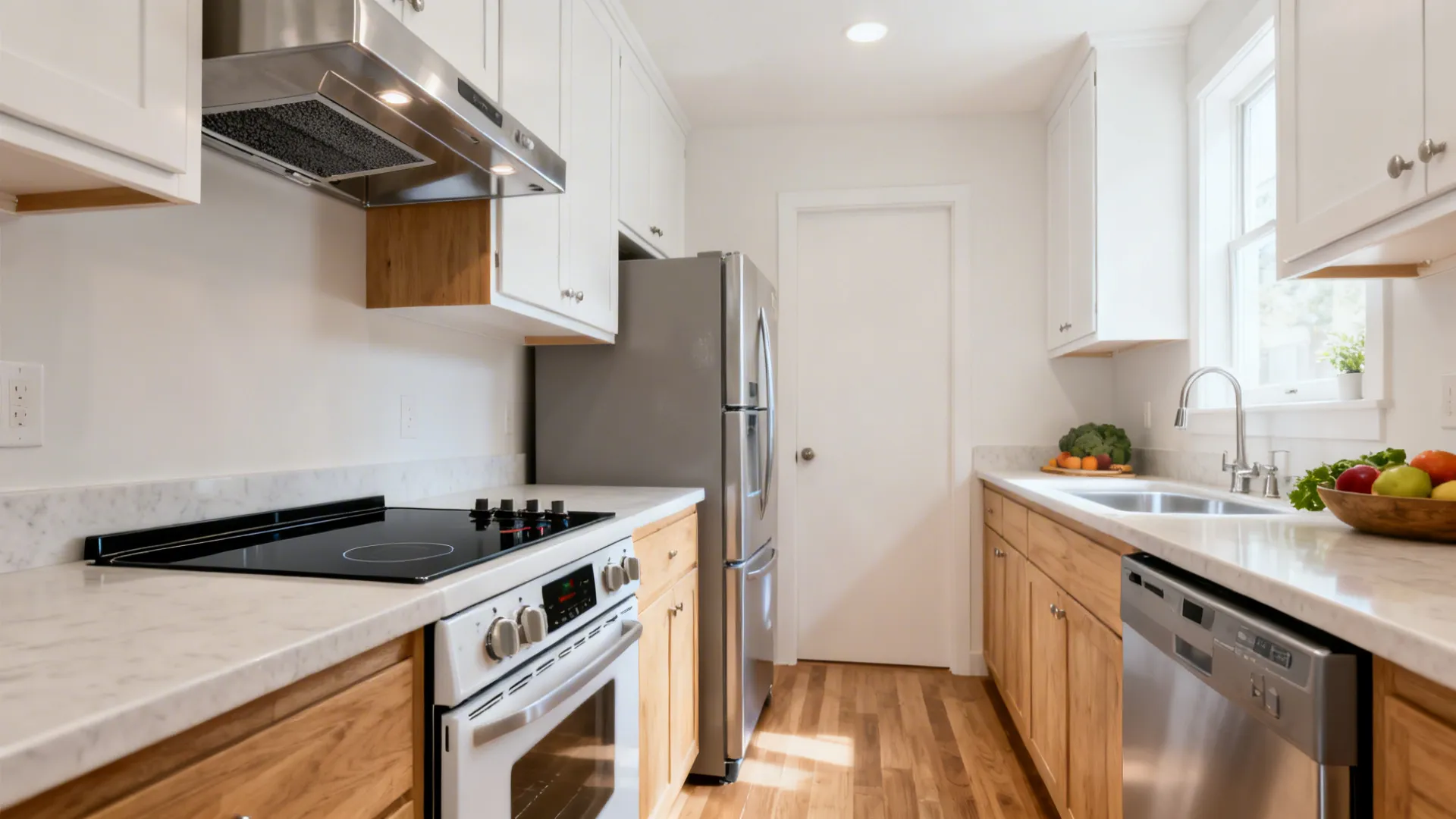 Compact kitchen with deep-capture hood and right-sized appliances in a clean modern layout.