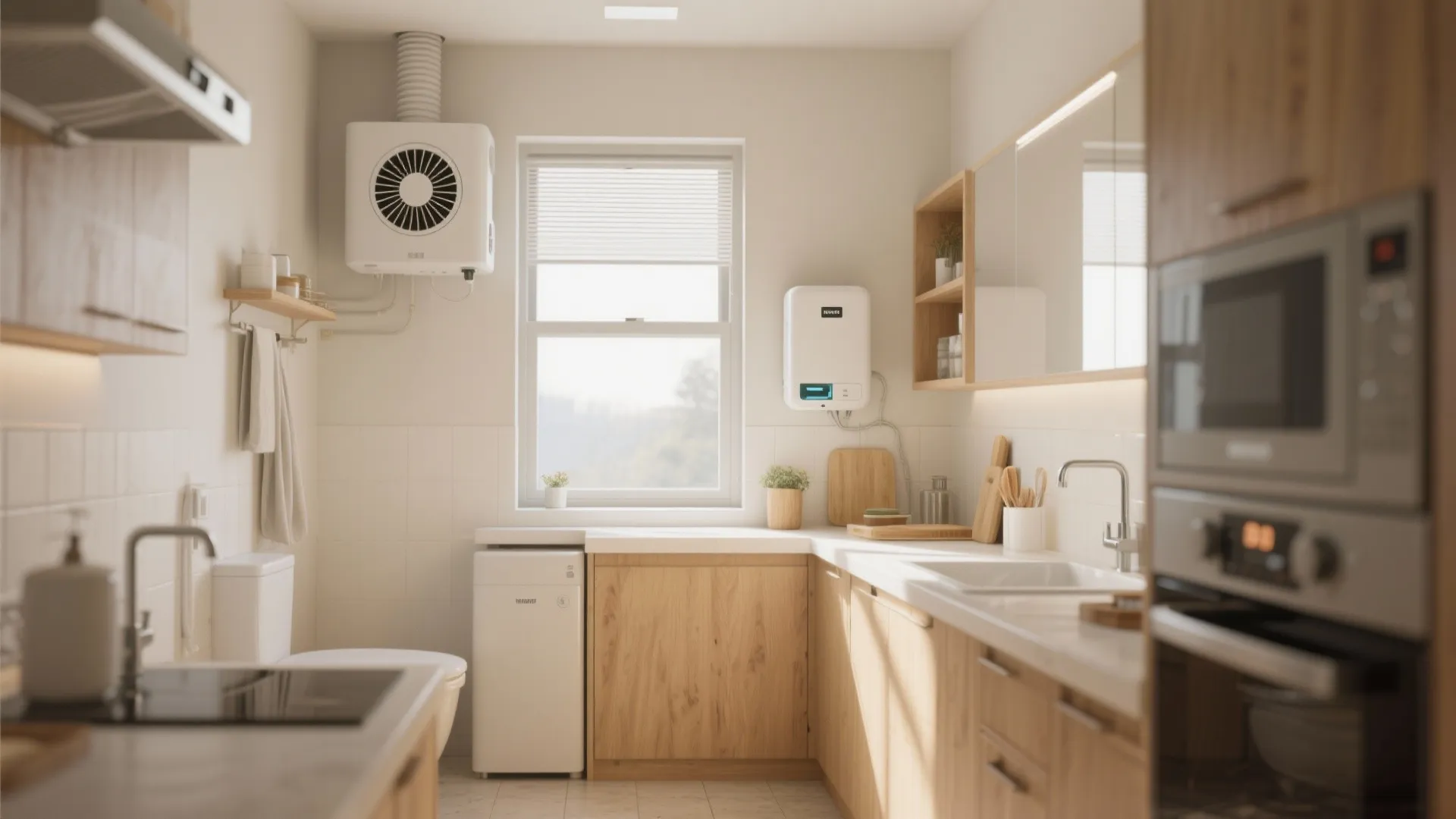 Modern kitchen and bathroom room layout with wood cabinets white walls wall fan and window
