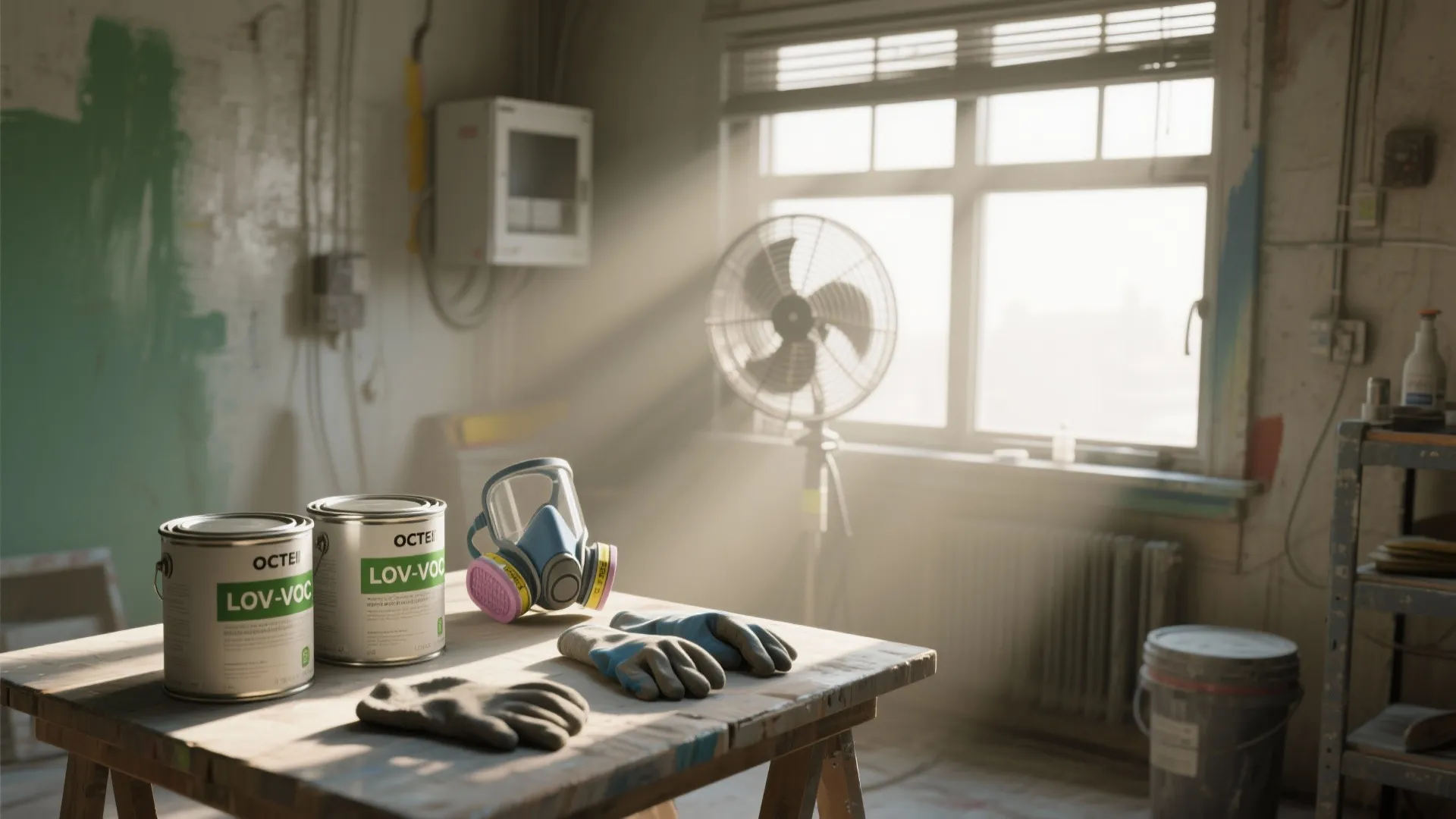 Safety gear including respirator mask and gloves on table with paint cans near electric fan