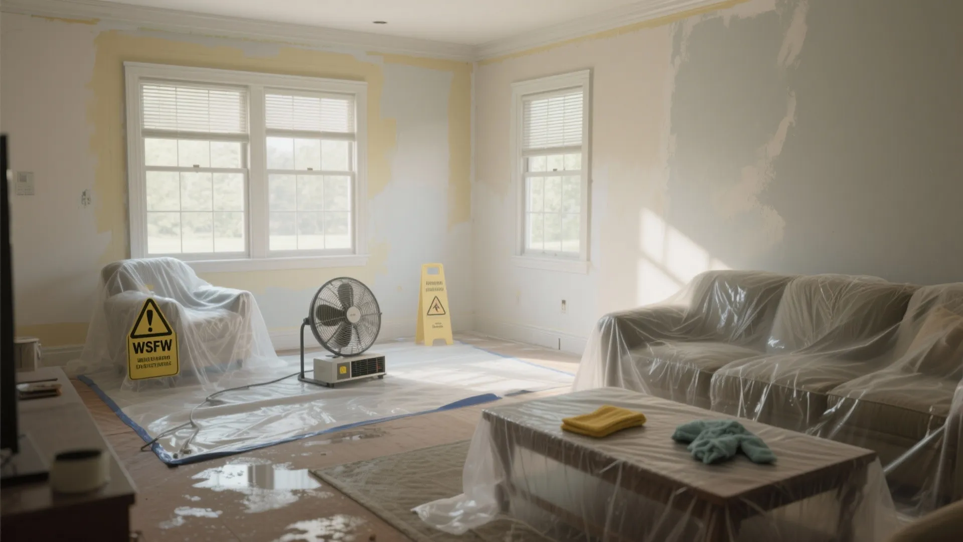 Living room under renovation with furniture covered in plastic sheets and a floor fan running